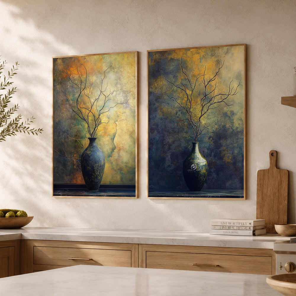 Set of 2 Moody Still Life Wall Art, Rustic Vase Framed Canvas Prints Duo, Dark Botanical Artwork, Neutral Modern Home Decor