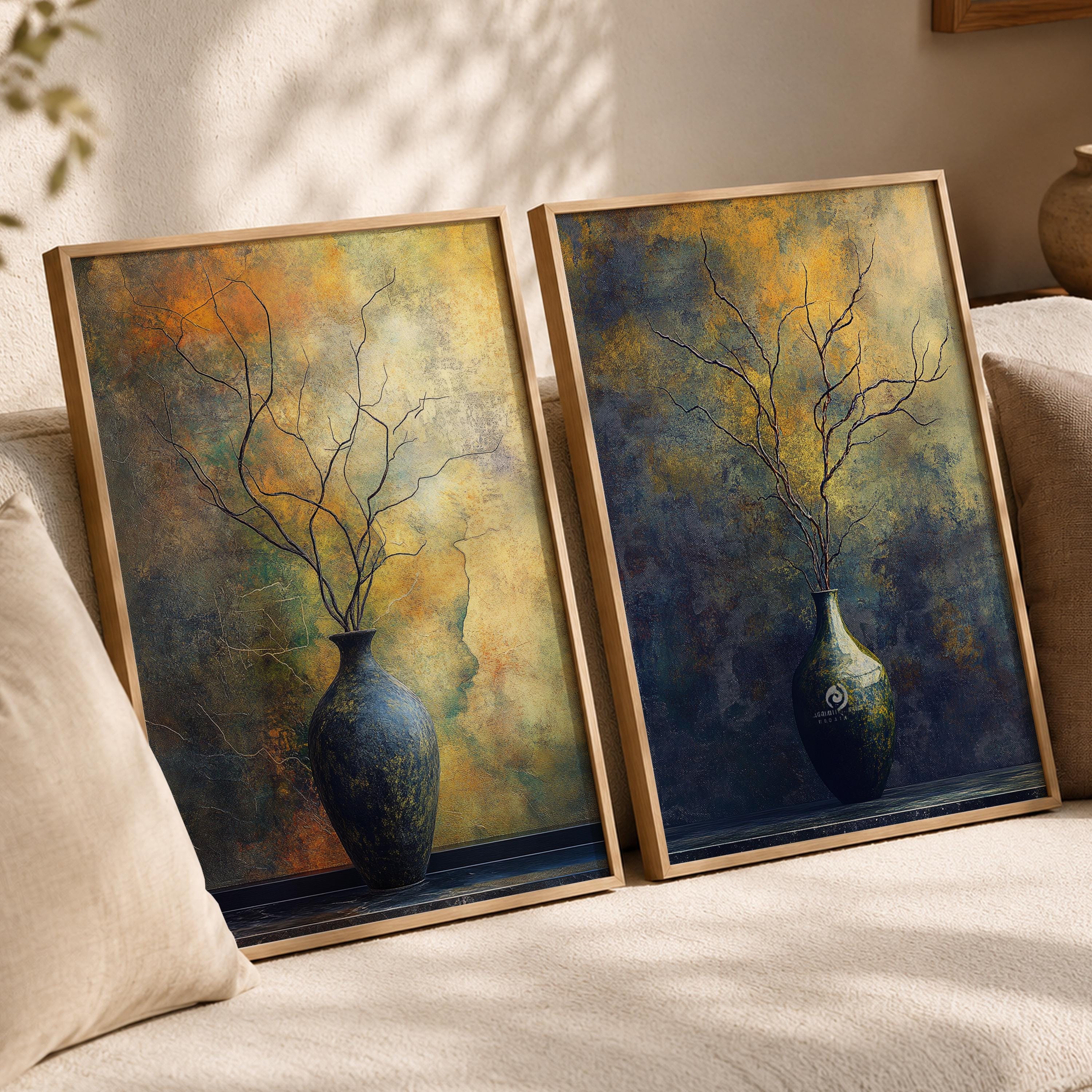 Set of 2 Moody Still Life Wall Art, Rustic Vase Framed Canvas Prints Duo, Dark Botanical Artwork, Neutral Modern Home Decor