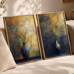 Set of 2 Moody Still Life Wall Art, Rustic Vase Framed Canvas Prints Duo, Dark Botanical Artwork, Neutral Modern Home Decor