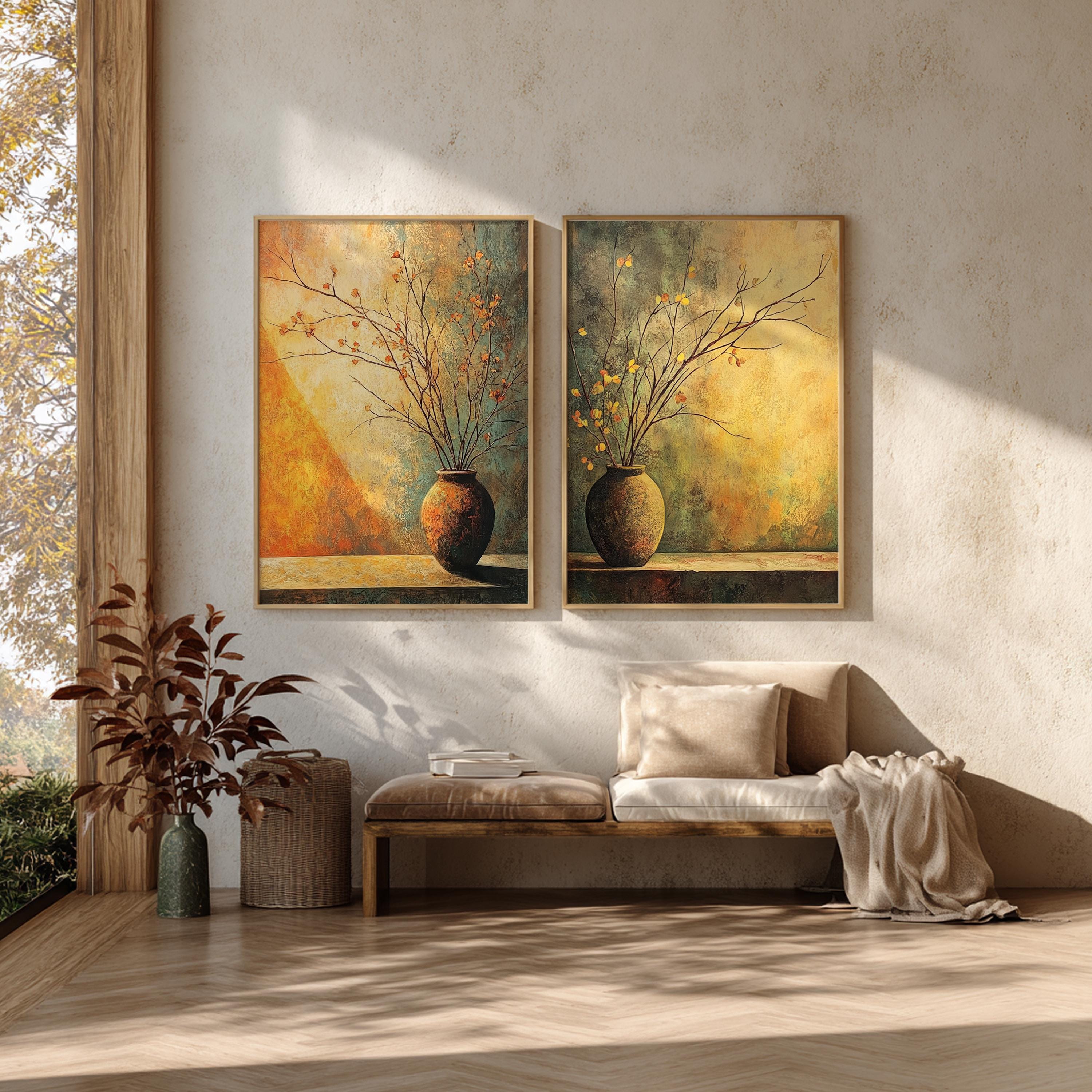 Rustic Vase Wall Art Set of 2, Neutral Botanical Framed Canvas Prints Duo, Moody Still Life Artwork, Modern Organic Home Decor
