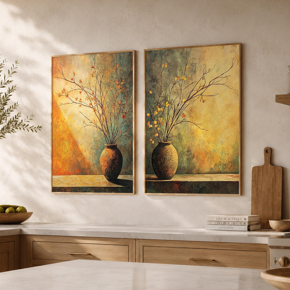 Rustic Vase Wall Art Set of 2, Neutral Botanical Framed Canvas Prints Duo, Moody Still Life Artwork, Modern Organic Home Decor