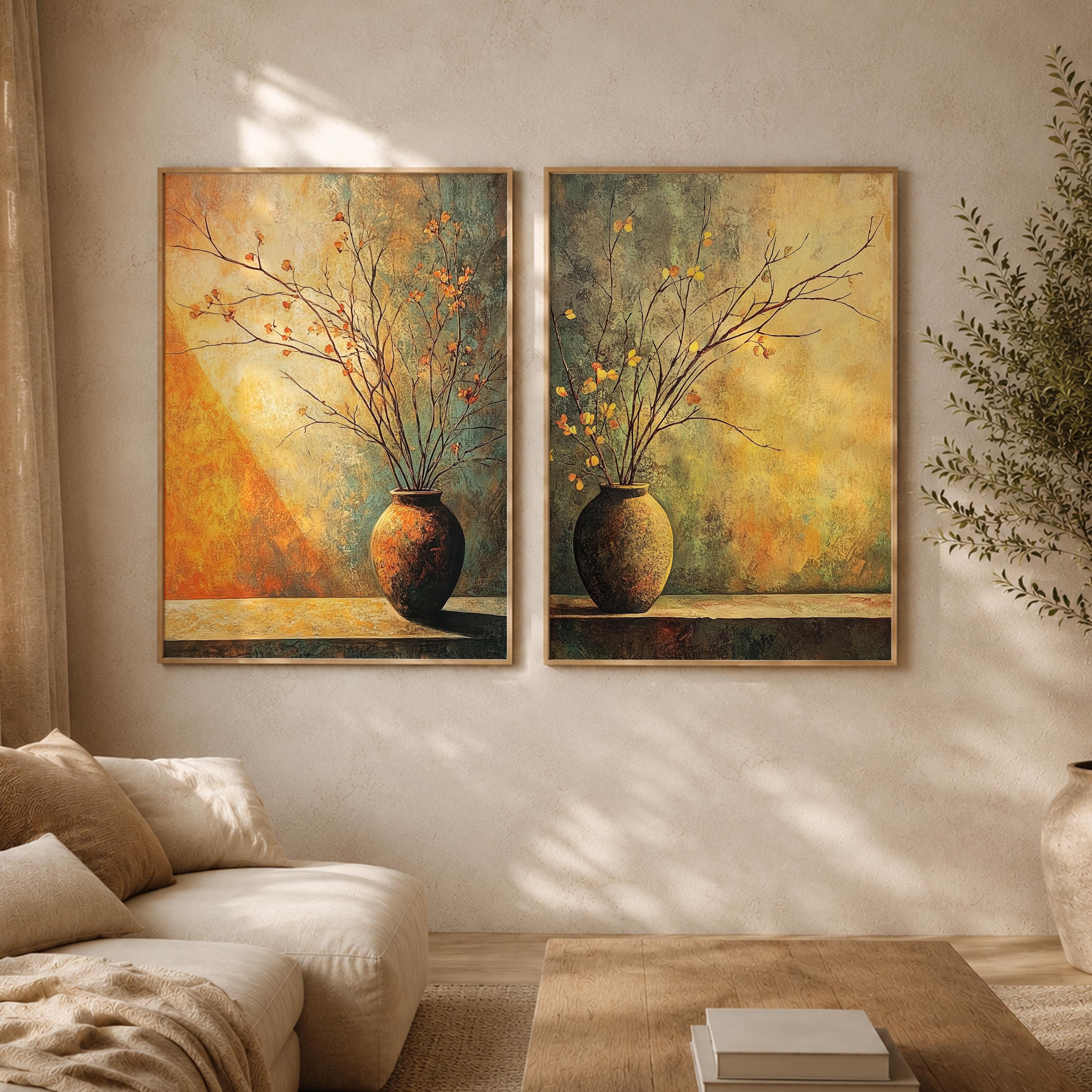 Rustic Vase Wall Art Set of 2, Neutral Botanical Framed Canvas Prints Duo, Moody Still Life Artwork, Modern Organic Home Decor