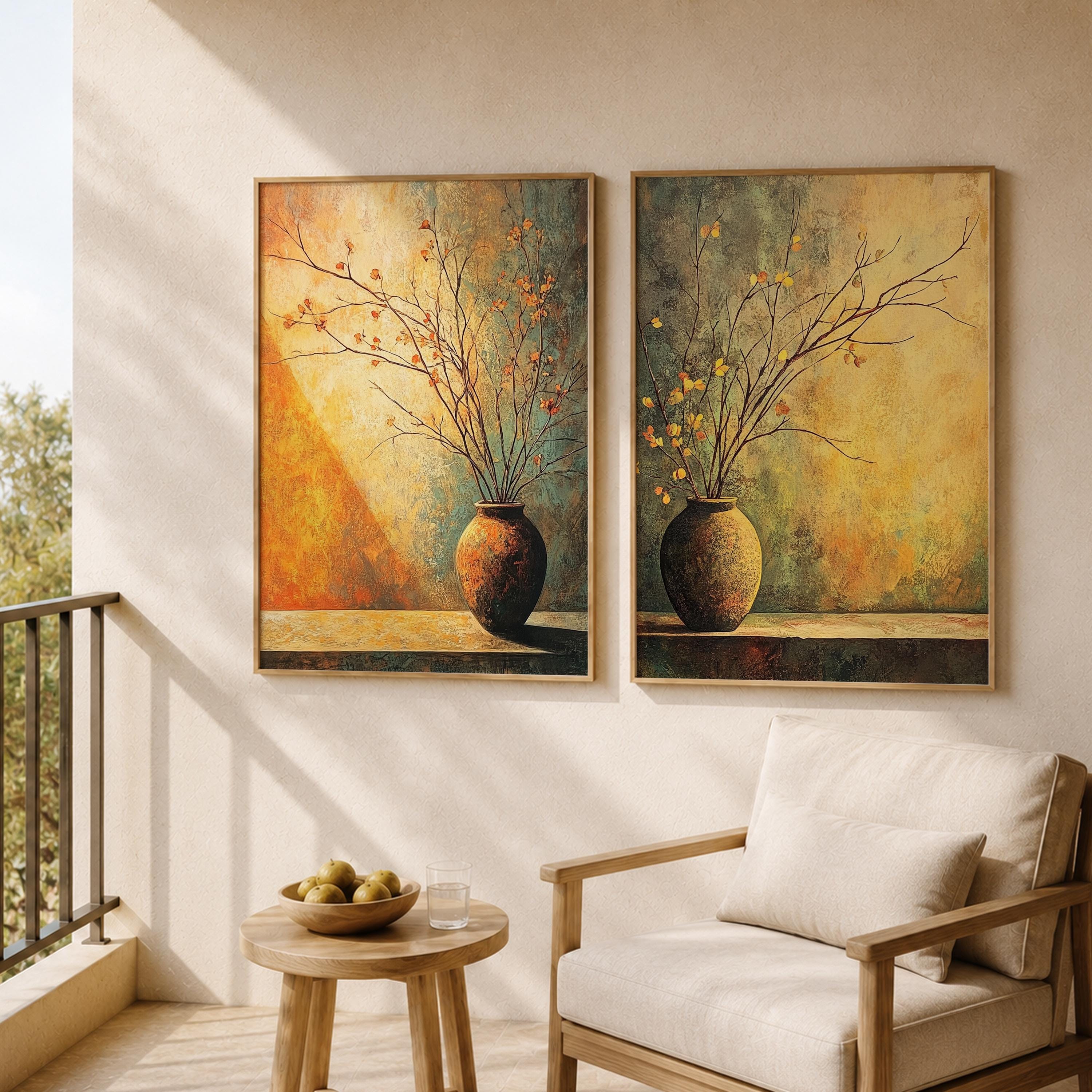Rustic Vase Wall Art Set of 2, Neutral Botanical Framed Canvas Prints Duo, Moody Still Life Artwork, Modern Organic Home Decor