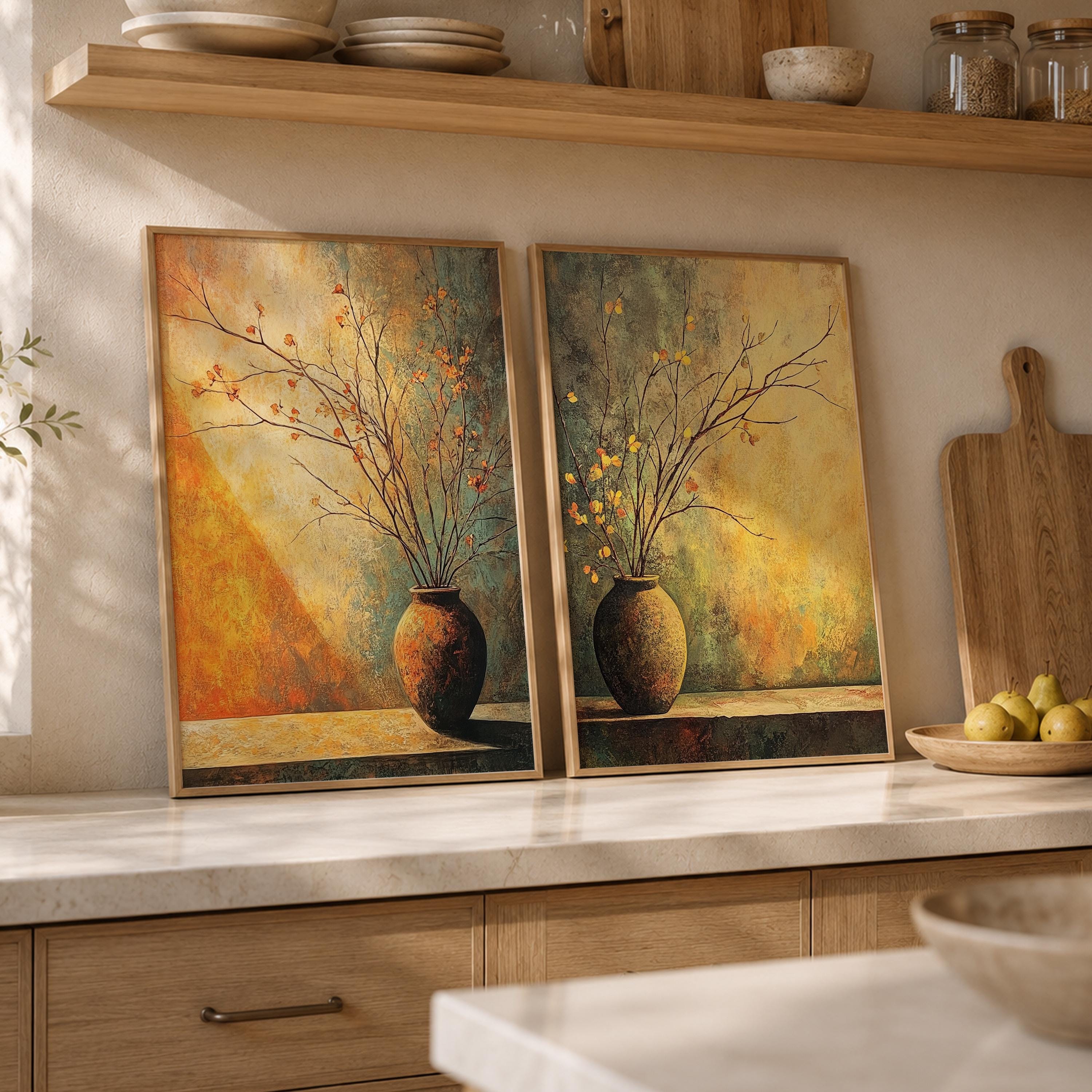 Rustic Vase Wall Art Set of 2, Neutral Botanical Framed Canvas Prints Duo, Moody Still Life Artwork, Modern Organic Home Decor