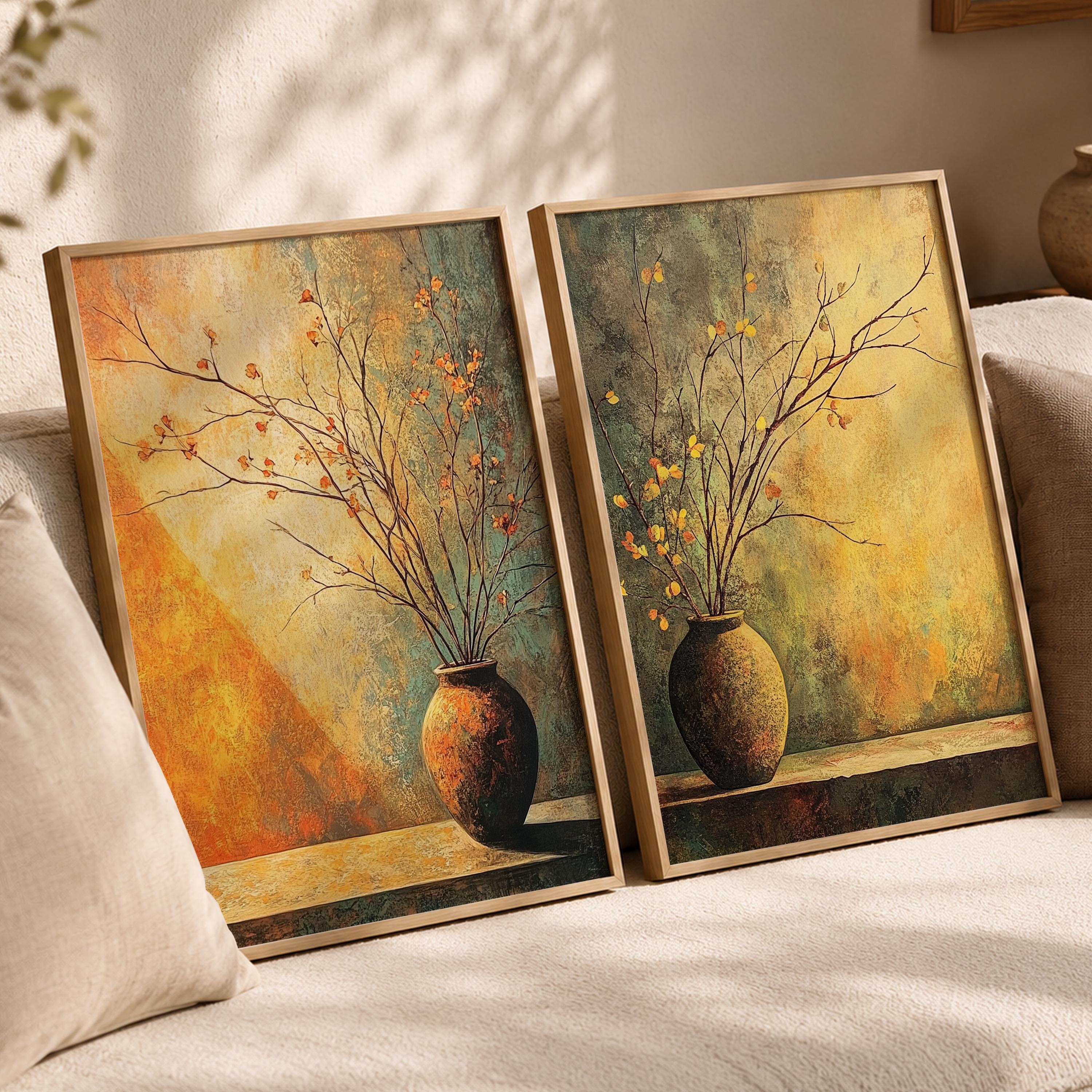 Rustic Vase Wall Art Set of 2, Neutral Botanical Framed Canvas Prints Duo, Moody Still Life Artwork, Modern Organic Home Decor