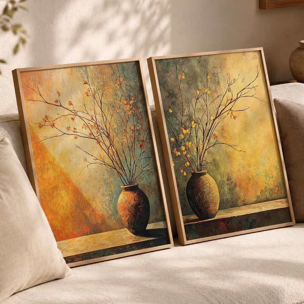 Rustic Vase Wall Art Set of 2, Neutral Botanical Framed Canvas Prints Duo, Moody Still Life Artwork, Modern Organic Home Decor