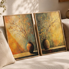 Rustic Vase Wall Art Set of 2, Neutral Botanical Framed Canvas Prints Duo, Moody Still Life Artwork, Modern Organic Home Decor