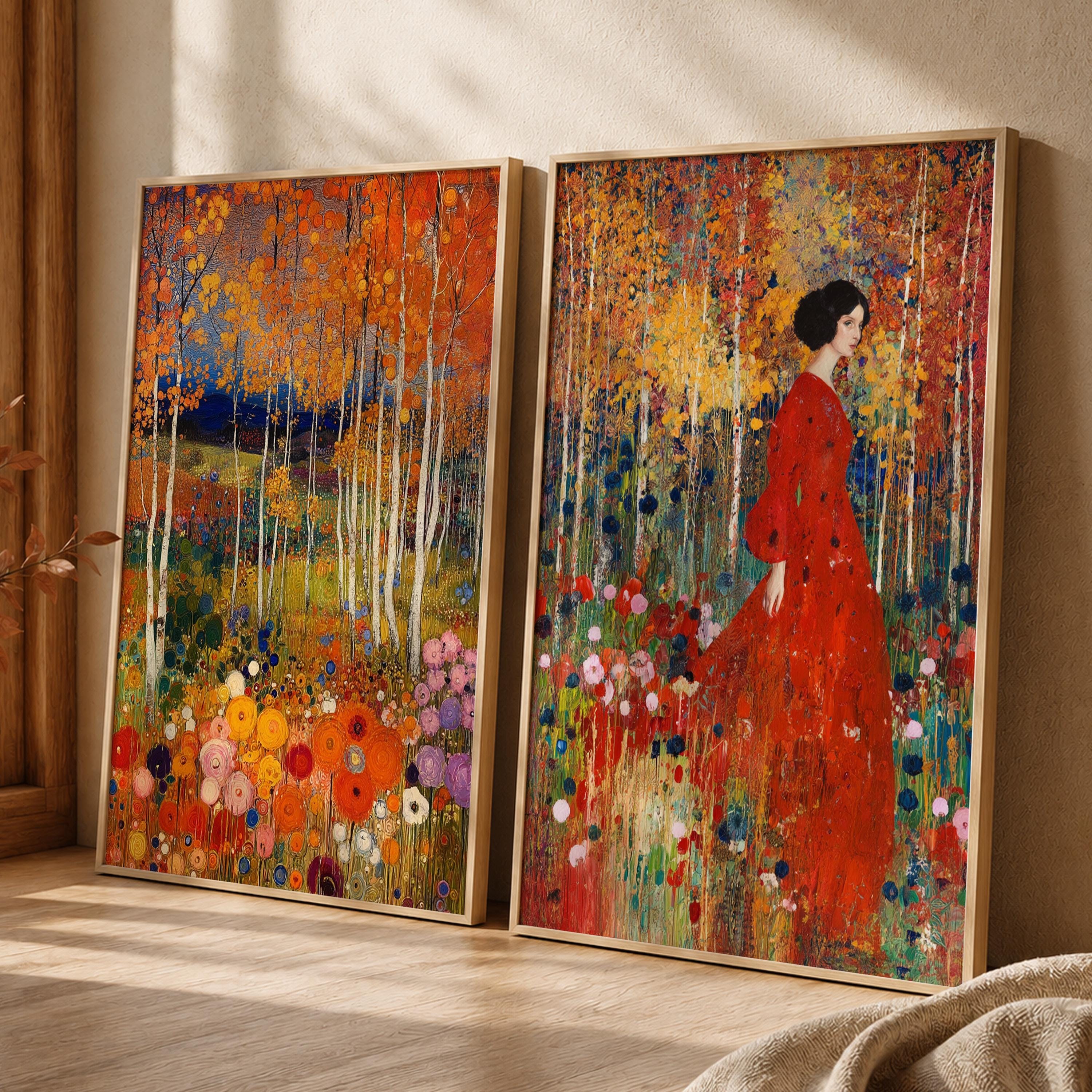 Set of 2 Floral Forest Wall Art, Colorful Botanical Framed Canvas Prints Duo, Romantic Woodland Artwork, Cottagecore Home Decor