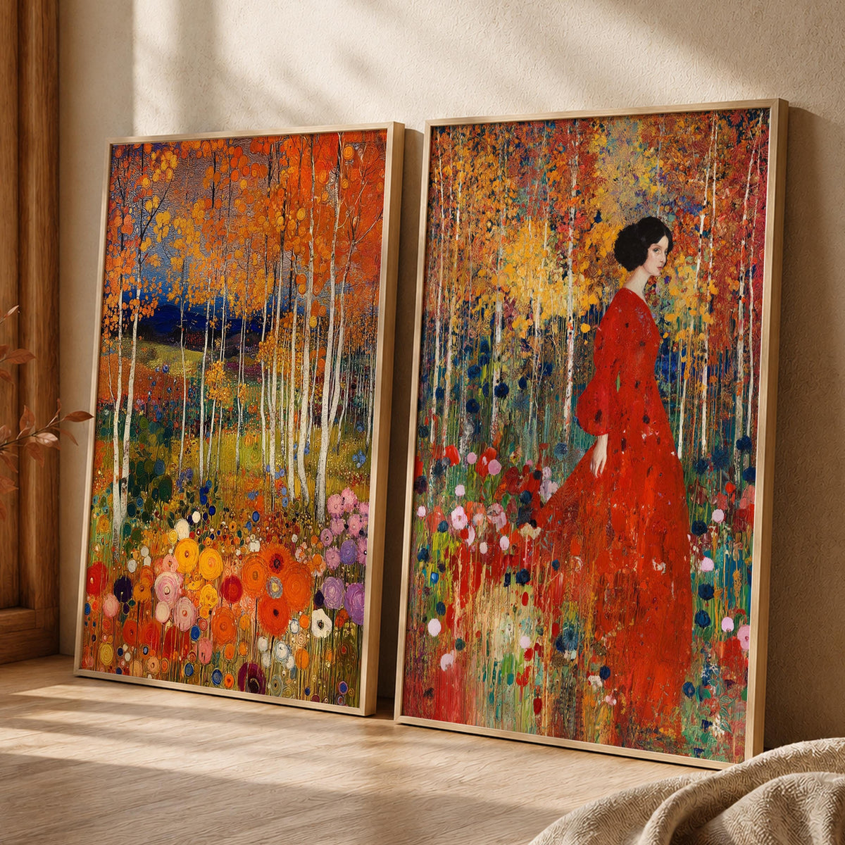 Set of 2 Floral Forest Wall Art, Colorful Botanical Framed Canvas Prints Duo, Romantic Woodland Artwork, Cottagecore Home Decor