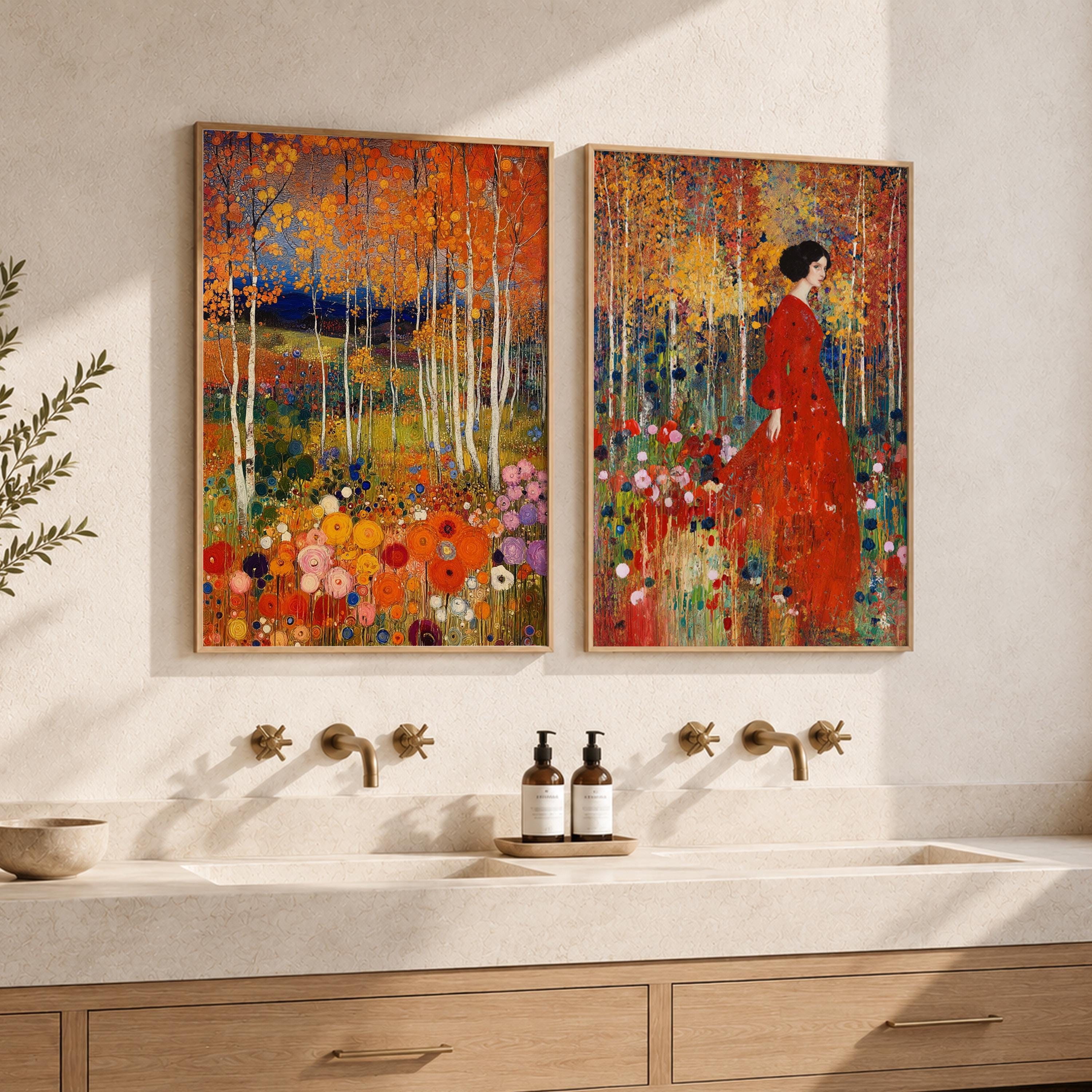 Set of 2 Floral Forest Wall Art, Colorful Botanical Framed Canvas Prints Duo, Romantic Woodland Artwork, Cottagecore Home Decor