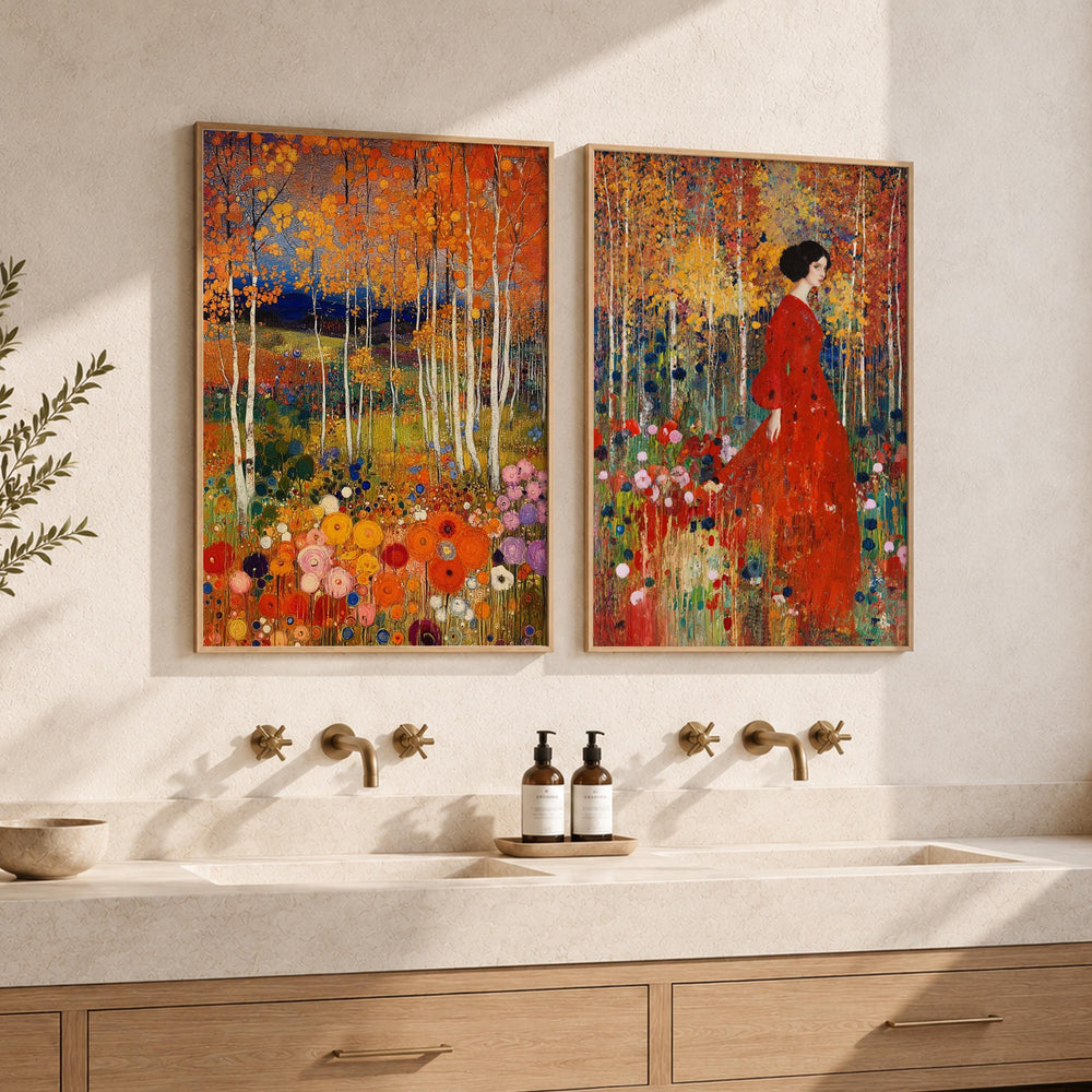 Set of 2 Floral Forest Wall Art, Colorful Botanical Framed Canvas Prints Duo, Romantic Woodland Artwork, Cottagecore Home Decor