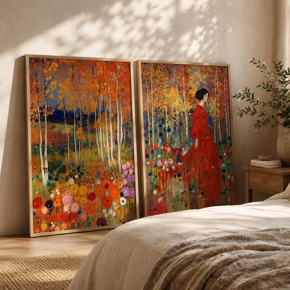 Set of 2 Floral Forest Wall Art, Colorful Botanical Framed Canvas Prints Duo, Romantic Woodland Artwork, Cottagecore Home Decor