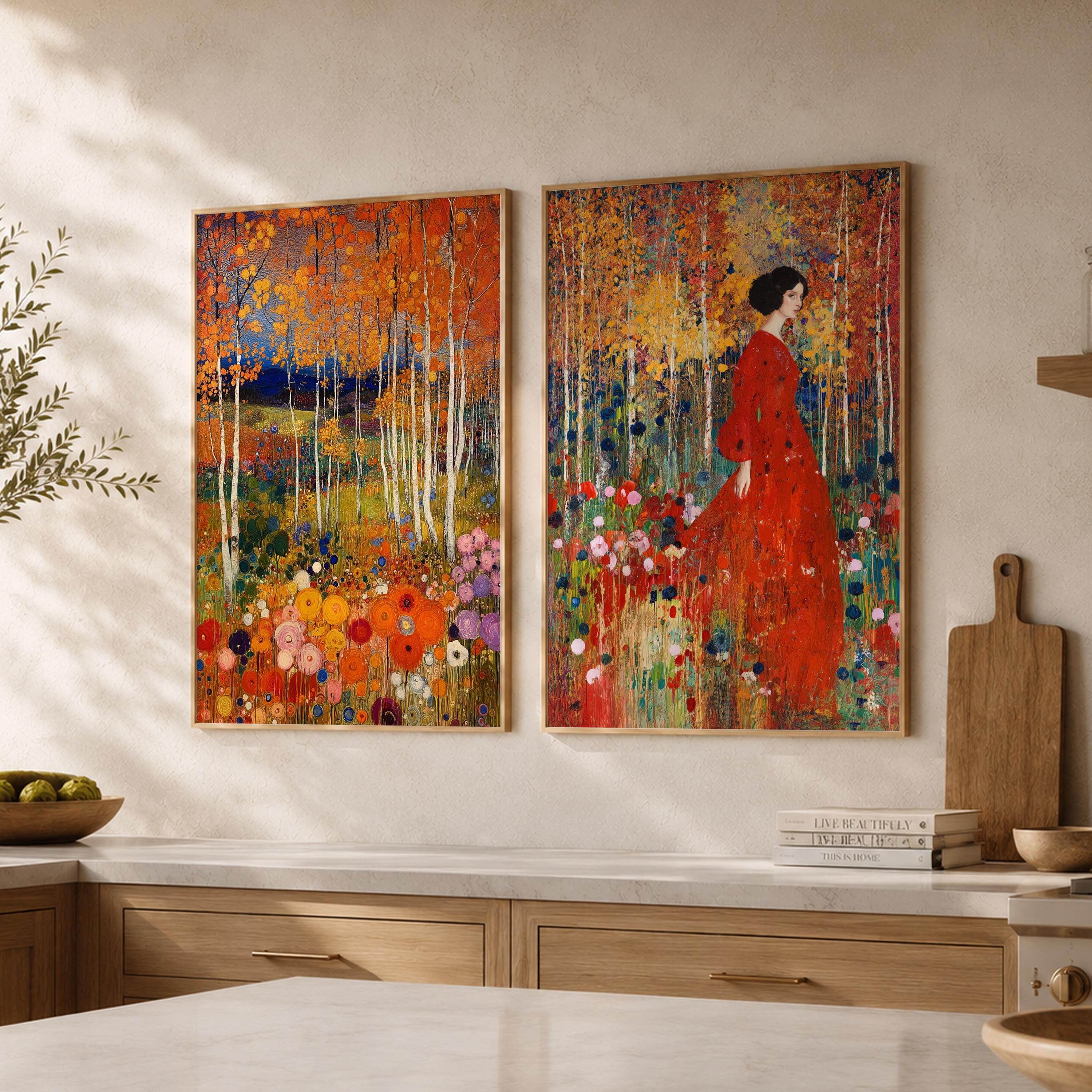 Set of 2 Floral Forest Wall Art, Colorful Botanical Framed Canvas Prints Duo, Romantic Woodland Artwork, Cottagecore Home Decor