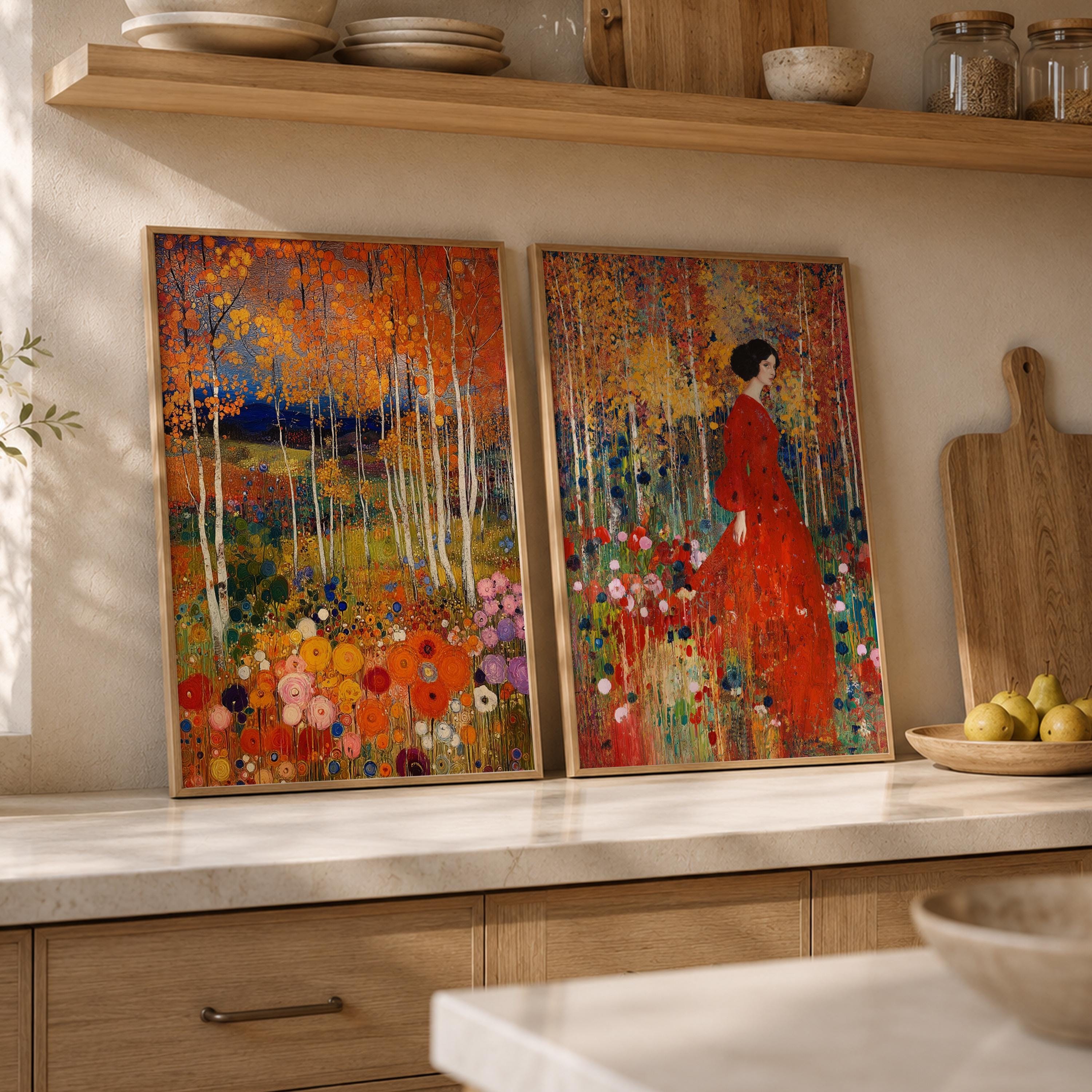 Set of 2 Floral Forest Wall Art, Colorful Botanical Framed Canvas Prints Duo, Romantic Woodland Artwork, Cottagecore Home Decor