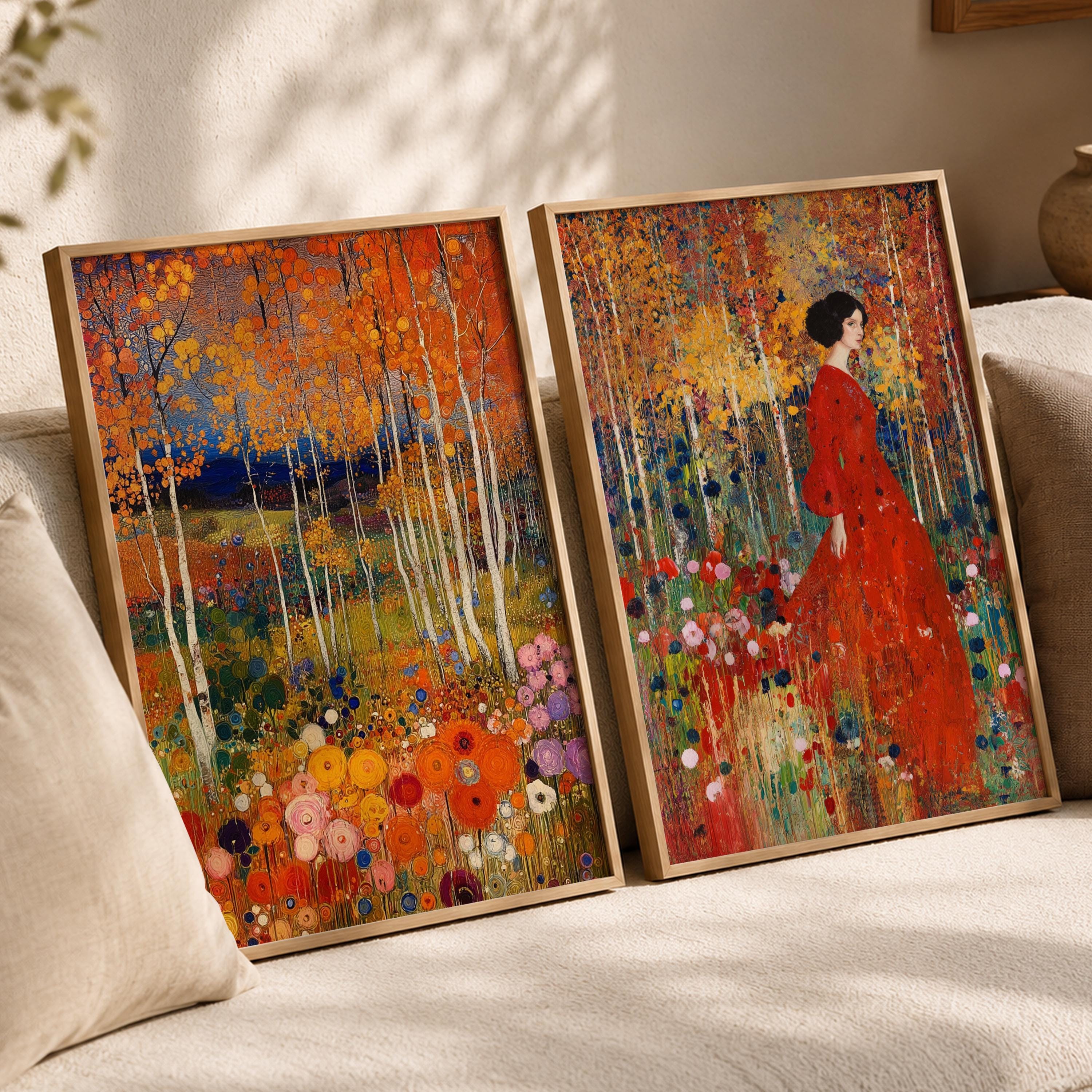 Set of 2 Floral Forest Wall Art, Colorful Botanical Framed Canvas Prints Duo, Romantic Woodland Artwork, Cottagecore Home Decor