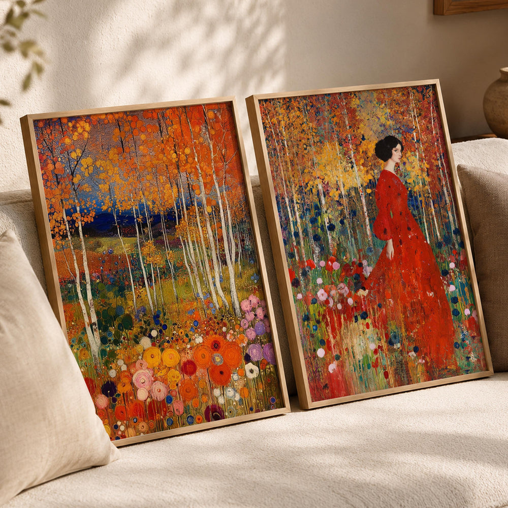 Set of 2 Floral Forest Wall Art, Colorful Botanical Framed Canvas Prints Duo, Romantic Woodland Artwork, Cottagecore Home Decor