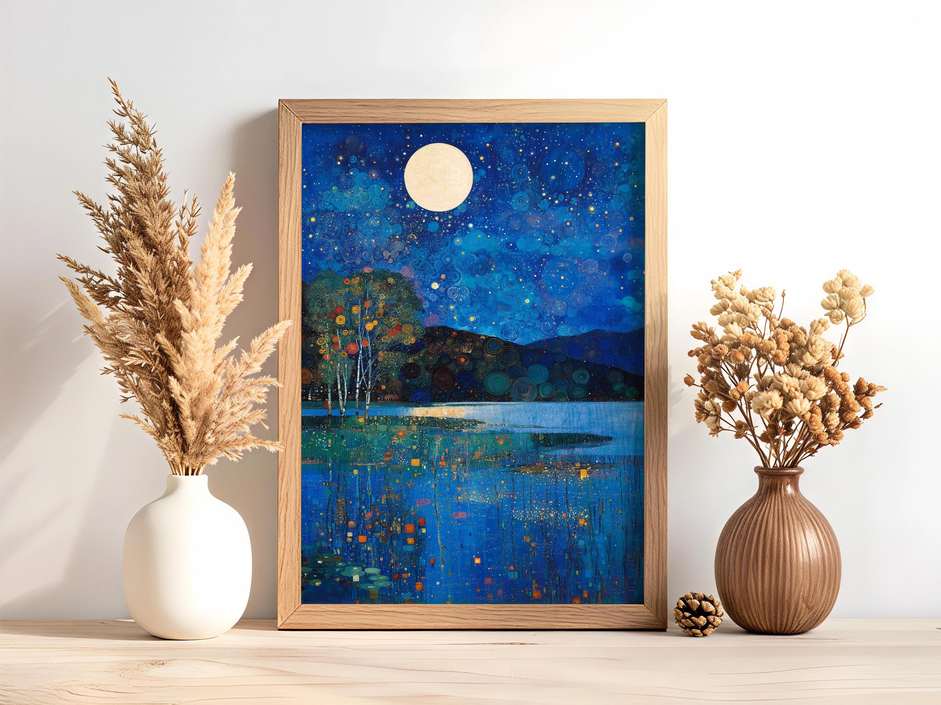 Celestial Waterscape Framed Wall Print, Blue Night Landscape Artwork, Gustav Klimt Inspired Moonlit Lake Canvas Decor
