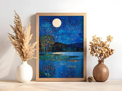 Celestial Waterscape Framed Wall Print, Blue Night Landscape Artwork, Gustav Klimt Inspired Moonlit Lake Canvas Decor