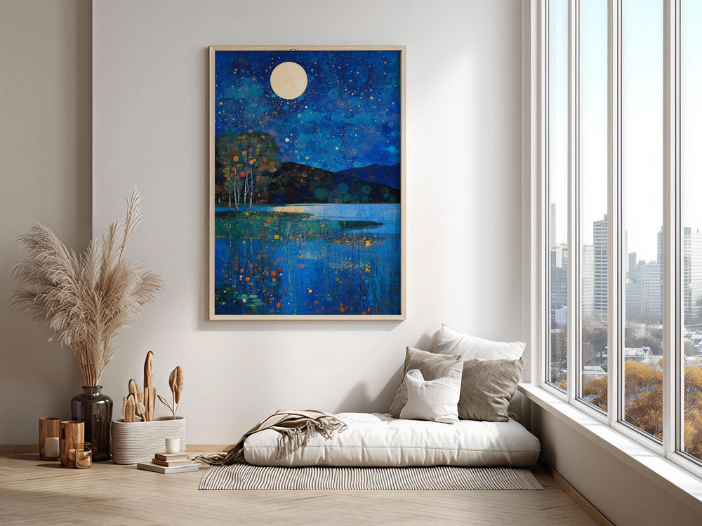 Celestial Waterscape Framed Wall Print, Blue Night Landscape Artwork, Gustav Klimt Inspired Moonlit Lake Canvas Decor