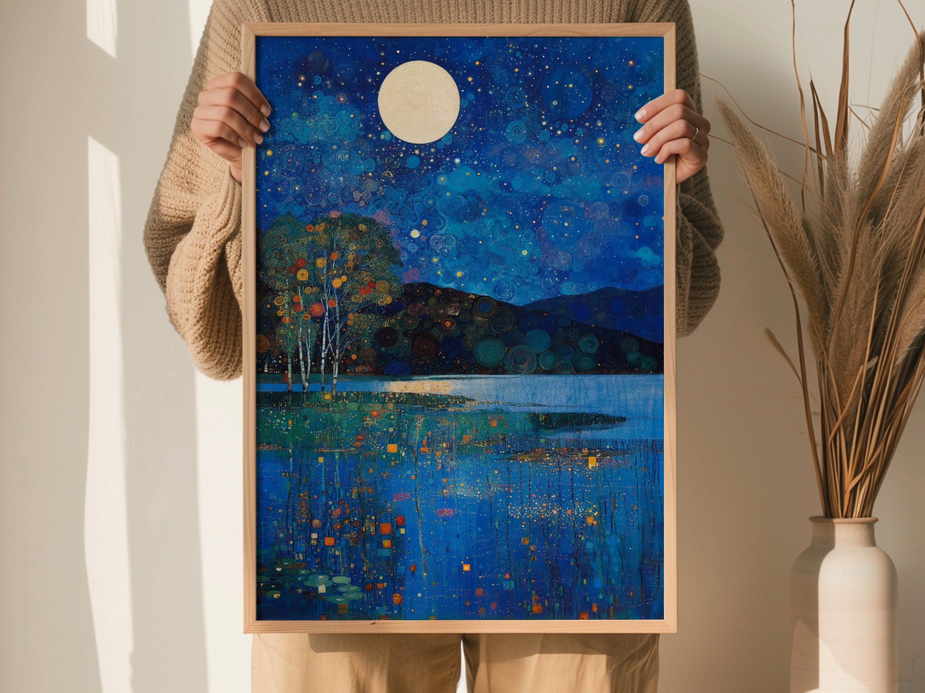Celestial Waterscape Framed Wall Print, Blue Night Landscape Artwork, Gustav Klimt Inspired Moonlit Lake Canvas Decor