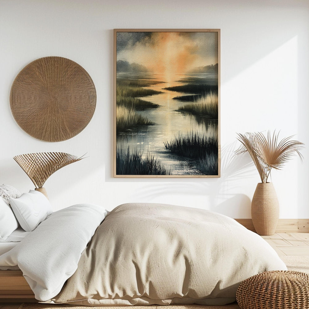 Coastal Marsh Framed Wall Art, Serene Sunset Canvas Prints, Neutral Beach Landscape Artwork, Coastal Cottage Home Decor