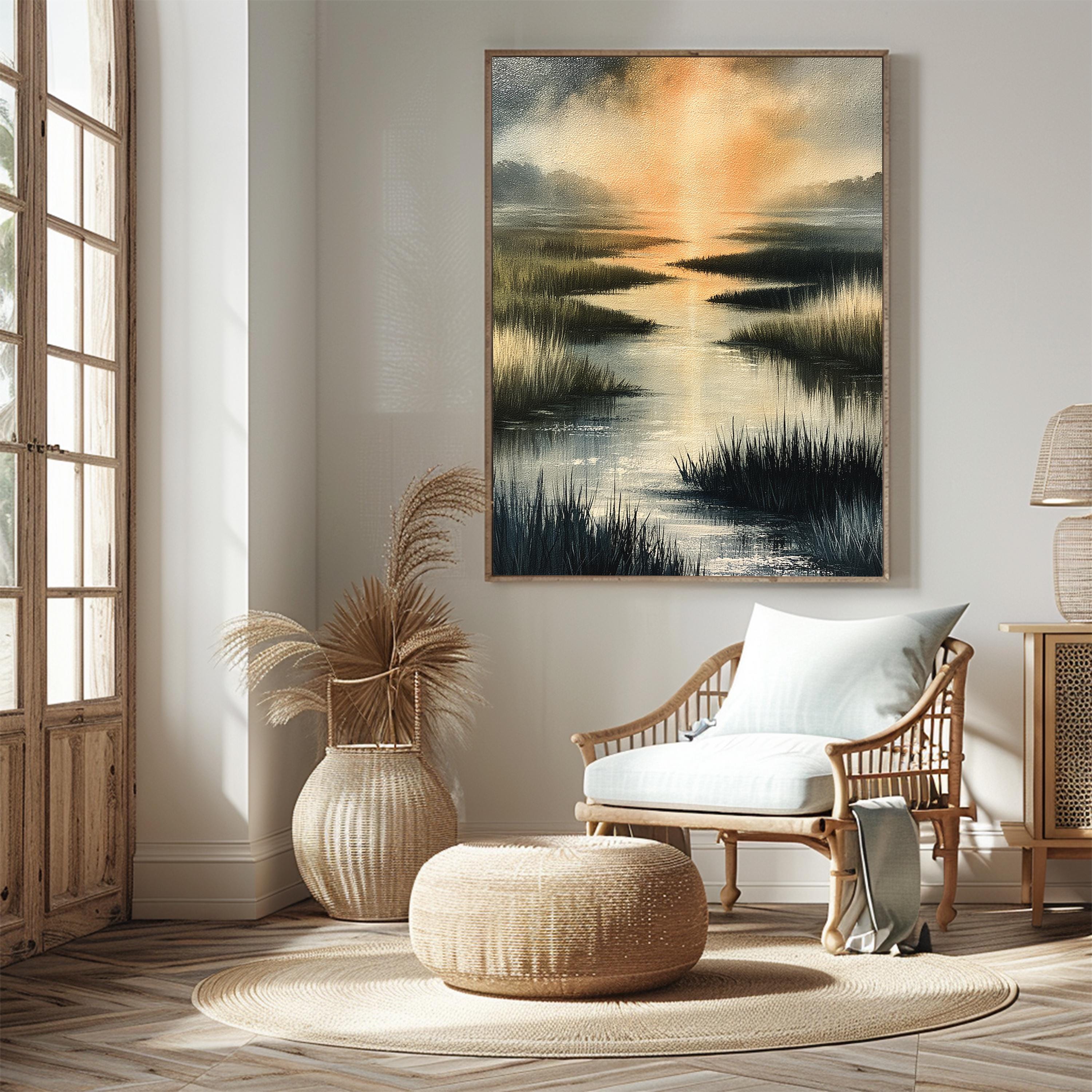 Coastal Marsh Framed Wall Art, Serene Sunset Canvas Prints, Neutral Beach Landscape Artwork, Coastal Cottage Home Decor