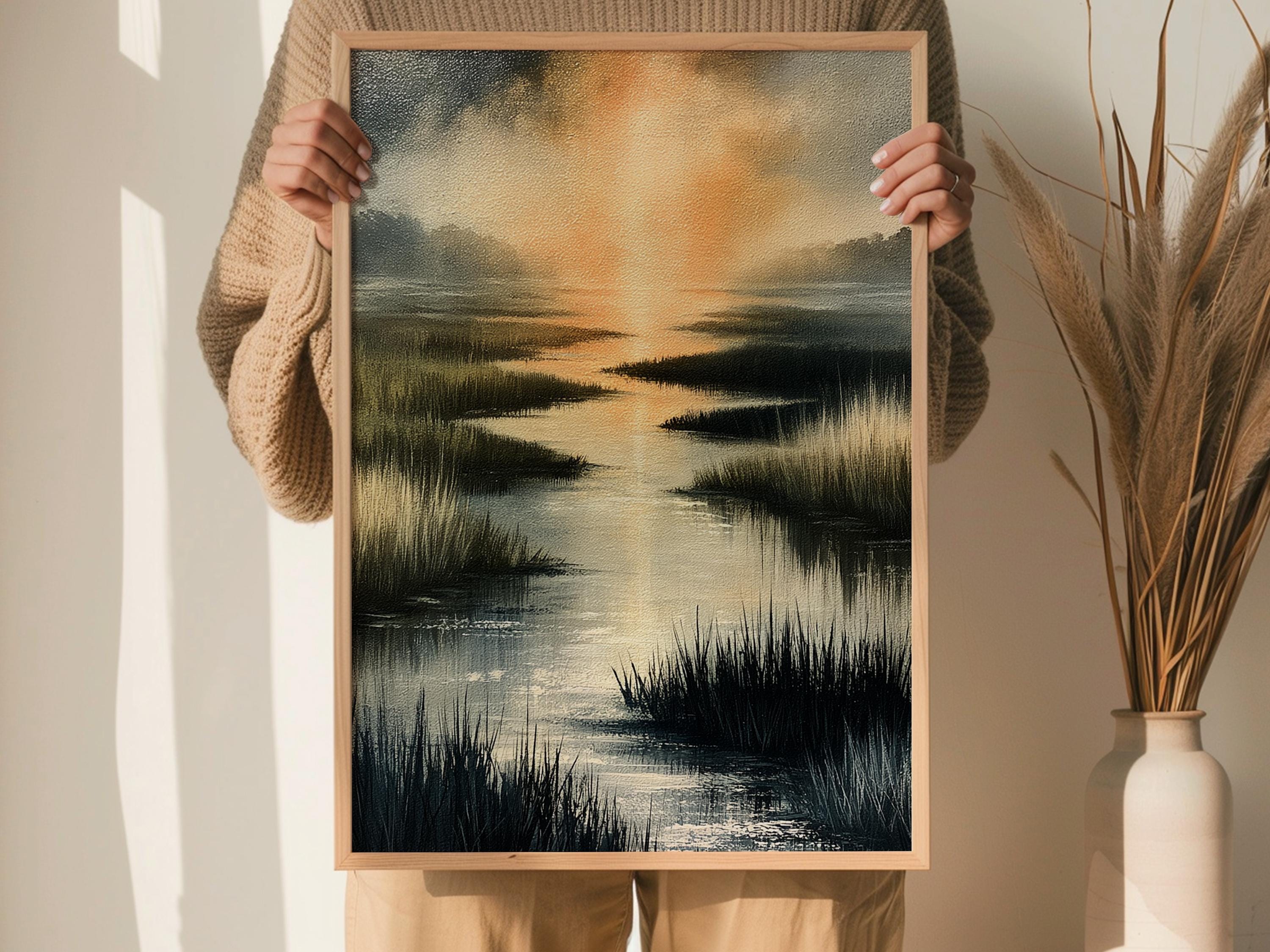 Coastal Marsh Framed Wall Art, Serene Sunset Canvas Prints, Neutral Beach Landscape Artwork, Coastal Cottage Home Decor