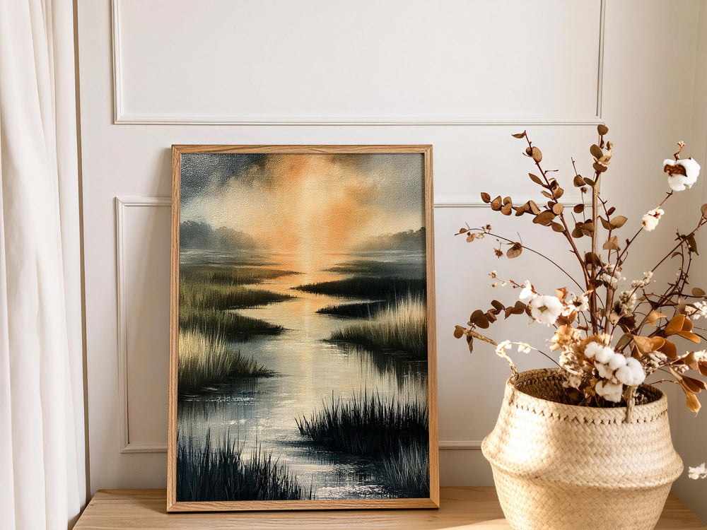 Coastal Marsh Framed Wall Art, Serene Sunset Canvas Prints, Neutral Beach Landscape Artwork, Coastal Cottage Home Decor