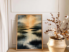 Coastal Marsh Framed Wall Art, Serene Sunset Canvas Prints, Neutral Beach Landscape Artwork, Coastal Cottage Home Decor