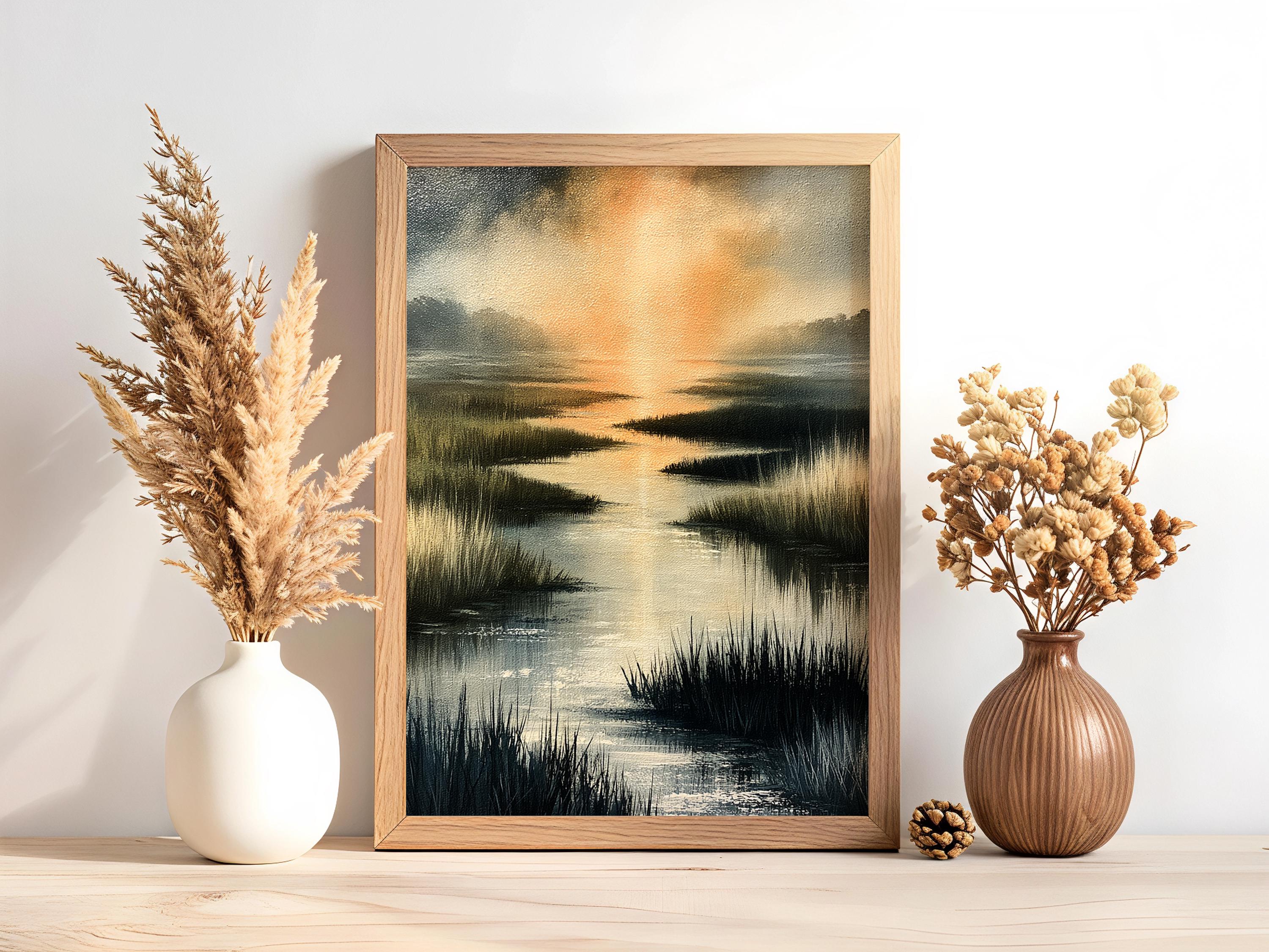 Coastal Marsh Framed Wall Art, Serene Sunset Canvas Prints, Neutral Beach Landscape Artwork, Coastal Cottage Home Decor
