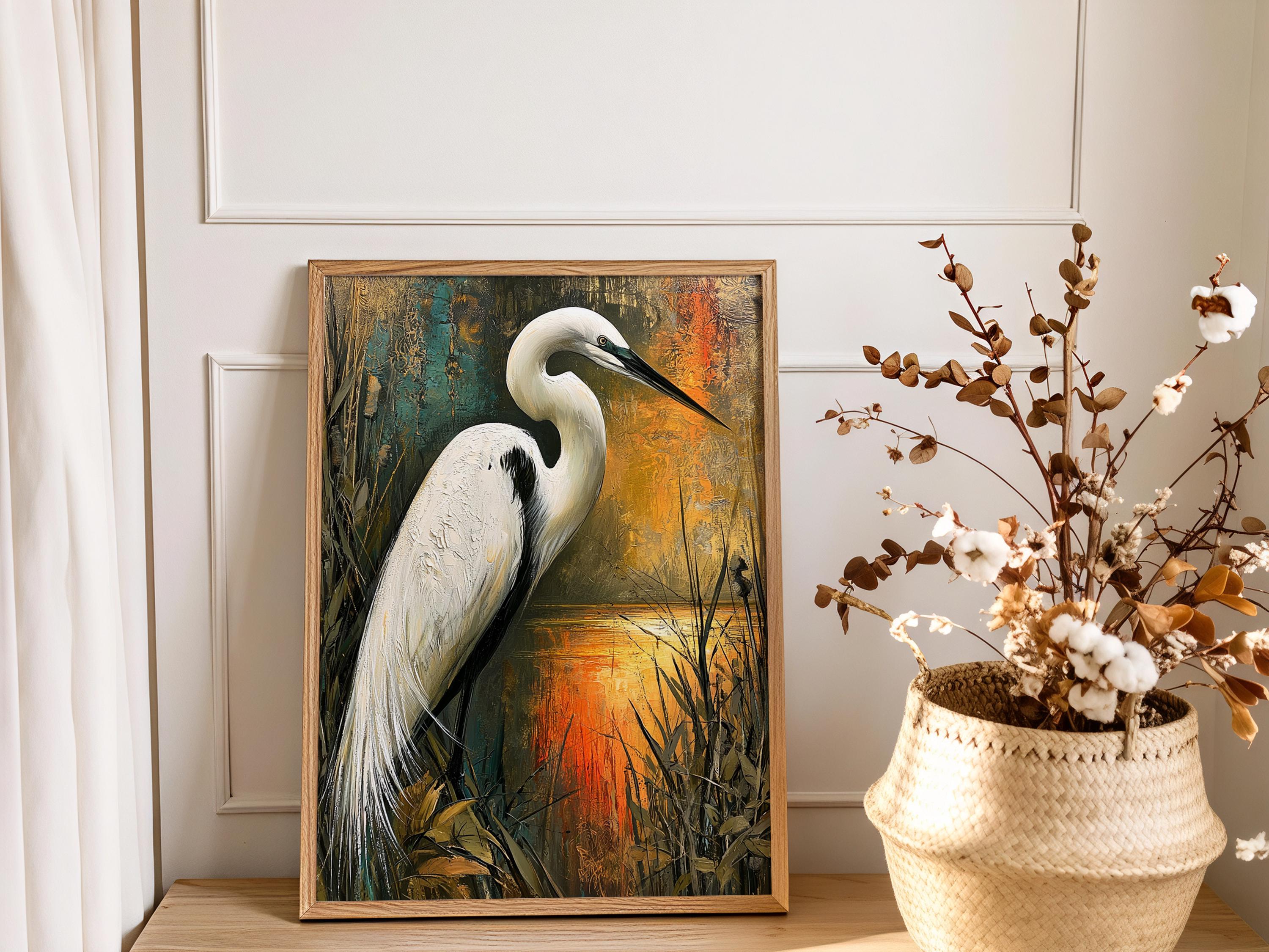 Coastal Bird Framed Canvas, Marsh Wildlife Artwork Prints, White Egret Wall Art, Neutral Nature Home Decor