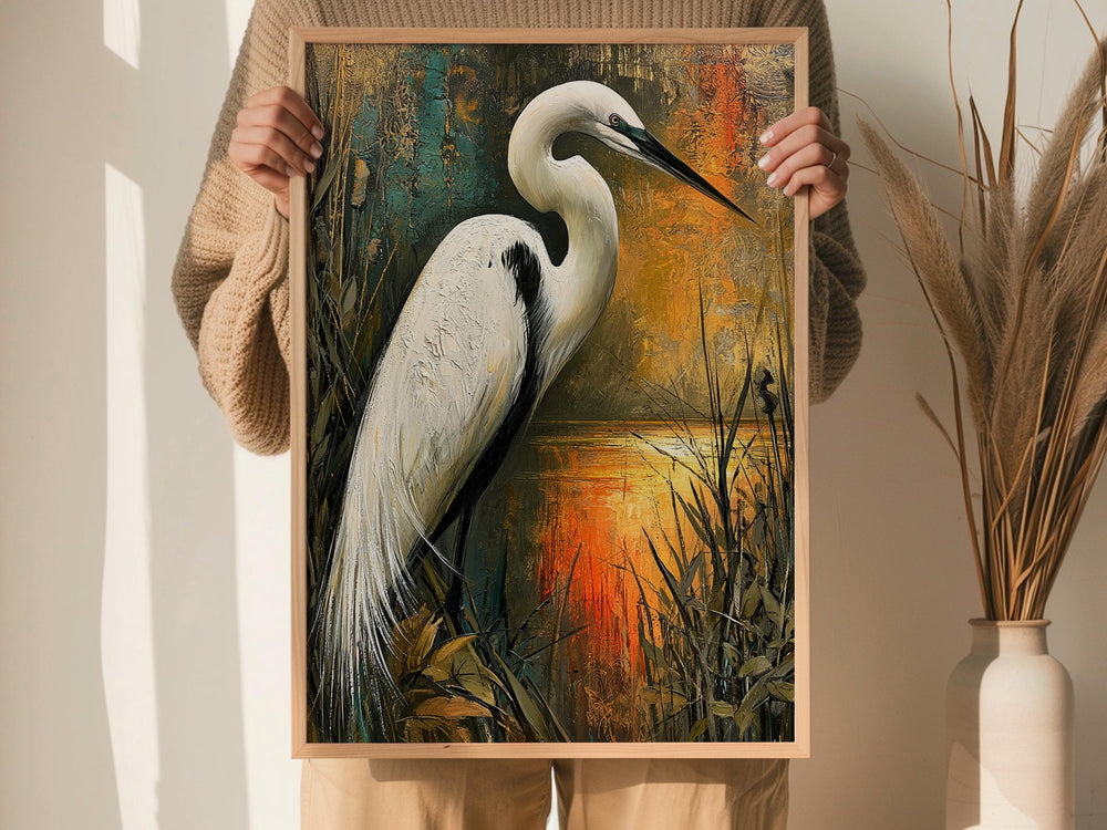 Coastal Bird Framed Canvas, Marsh Wildlife Artwork Prints, White Egret Wall Art, Neutral Nature Home Decor