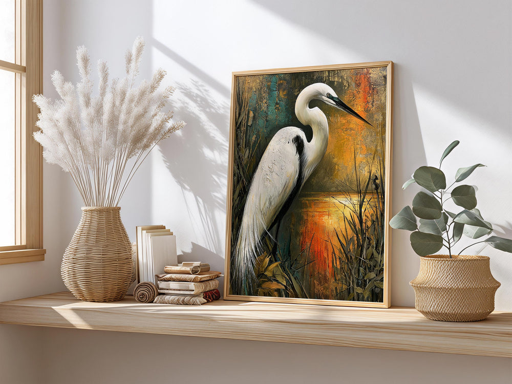 Coastal Bird Framed Canvas, Marsh Wildlife Artwork Prints, White Egret Wall Art, Neutral Nature Home Decor