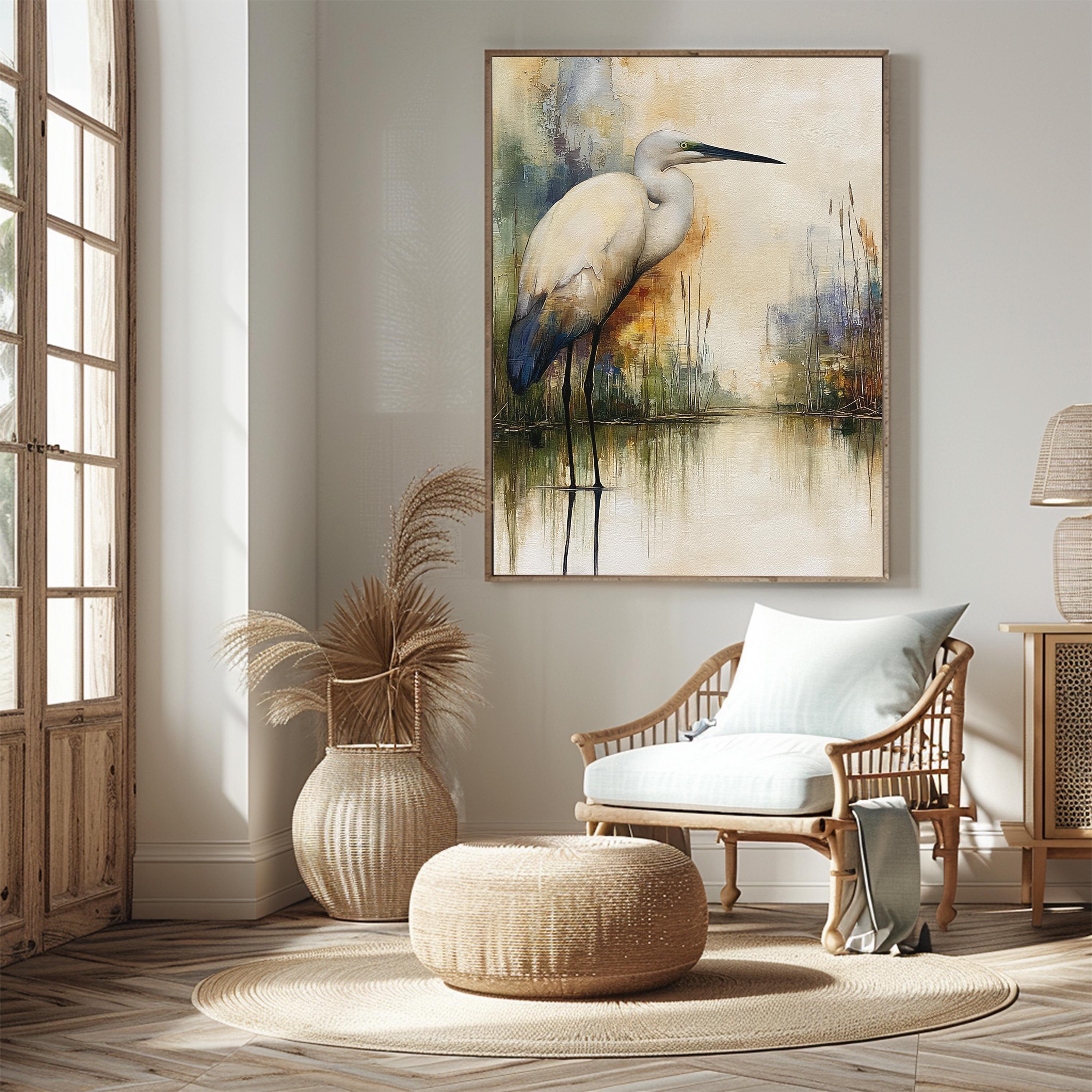 Minimalist Egret Wall Art, Neutral Coastal Framed Canvas, Elegant Bird Artwork Prints, Modern Nature Home Decor