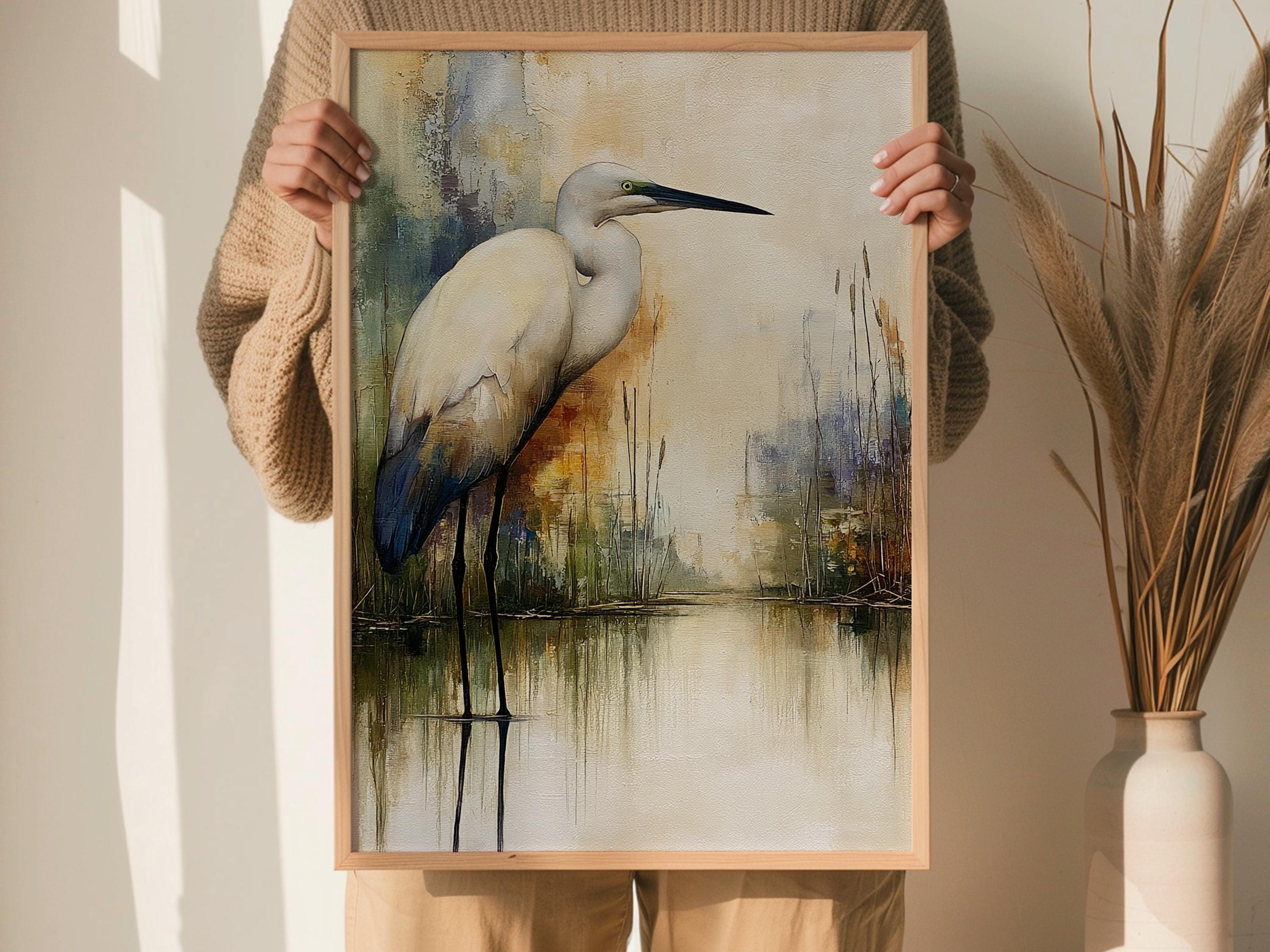 Minimalist Egret Wall Art, Neutral Coastal Framed Canvas, Elegant Bird Artwork Prints, Modern Nature Home Decor