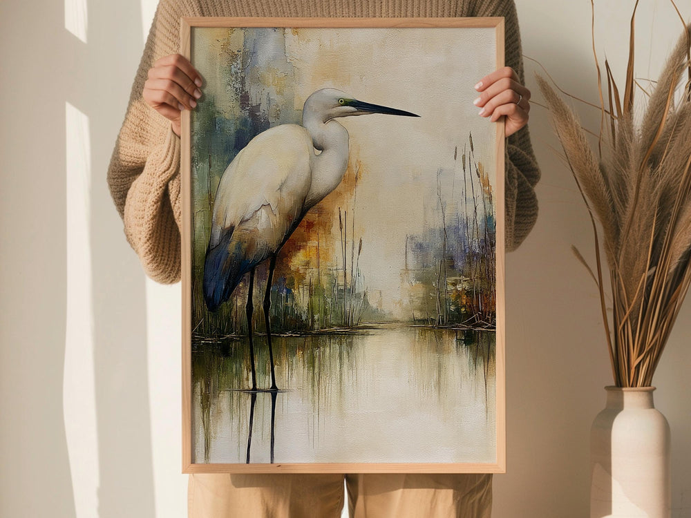 Minimalist Egret Wall Art, Neutral Coastal Framed Canvas, Elegant Bird Artwork Prints, Modern Nature Home Decor