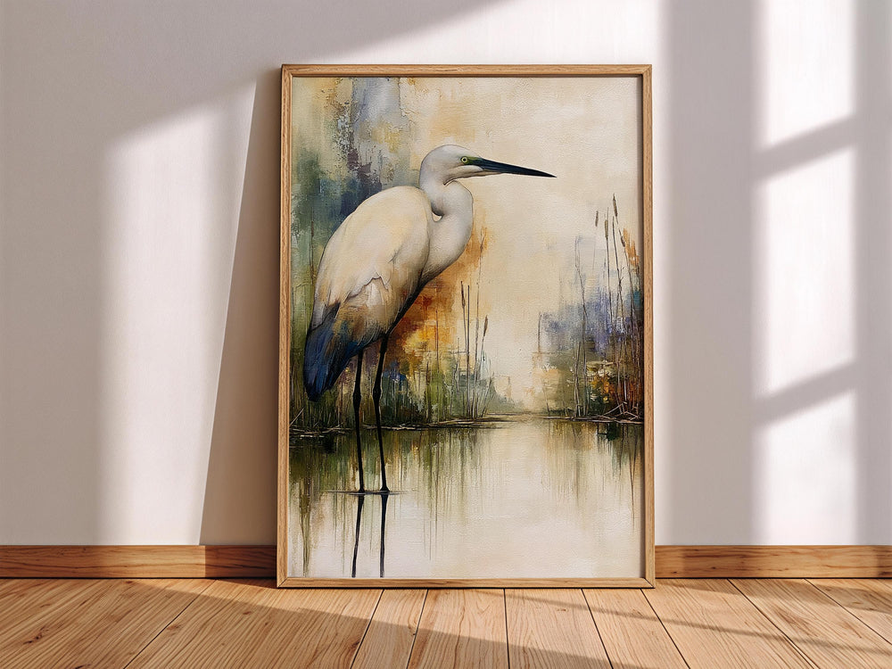 Minimalist Egret Wall Art, Neutral Coastal Framed Canvas, Elegant Bird Artwork Prints, Modern Nature Home Decor