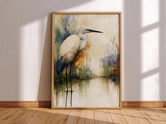 Minimalist Egret Wall Art, Neutral Coastal Framed Canvas, Elegant Bird Artwork Prints, Modern Nature Home Decor