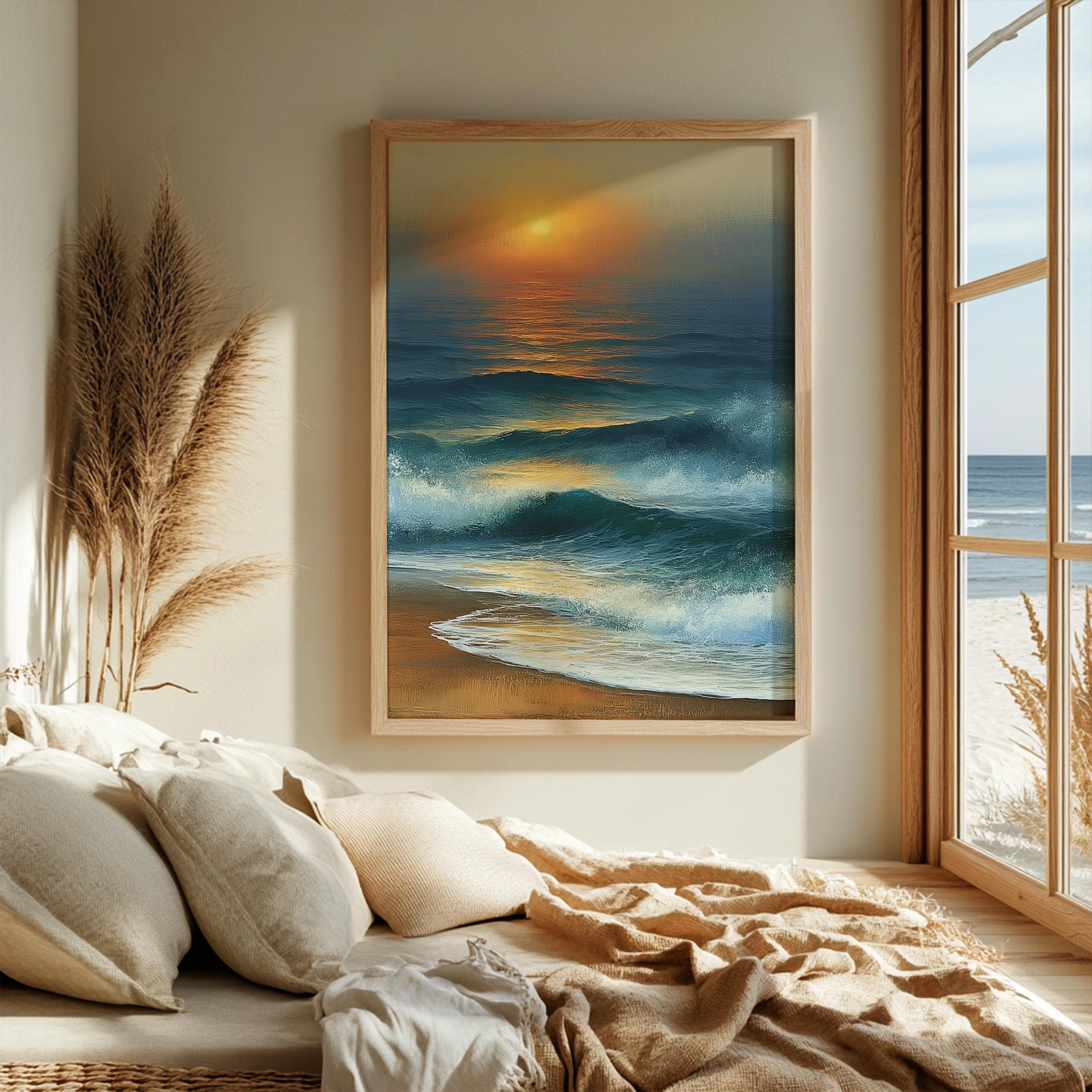 Coastal Sunset Framed Canvas, Ocean Waves Wall Art, Beach Wave Artwork Prints, Serene Coastal Home Decor