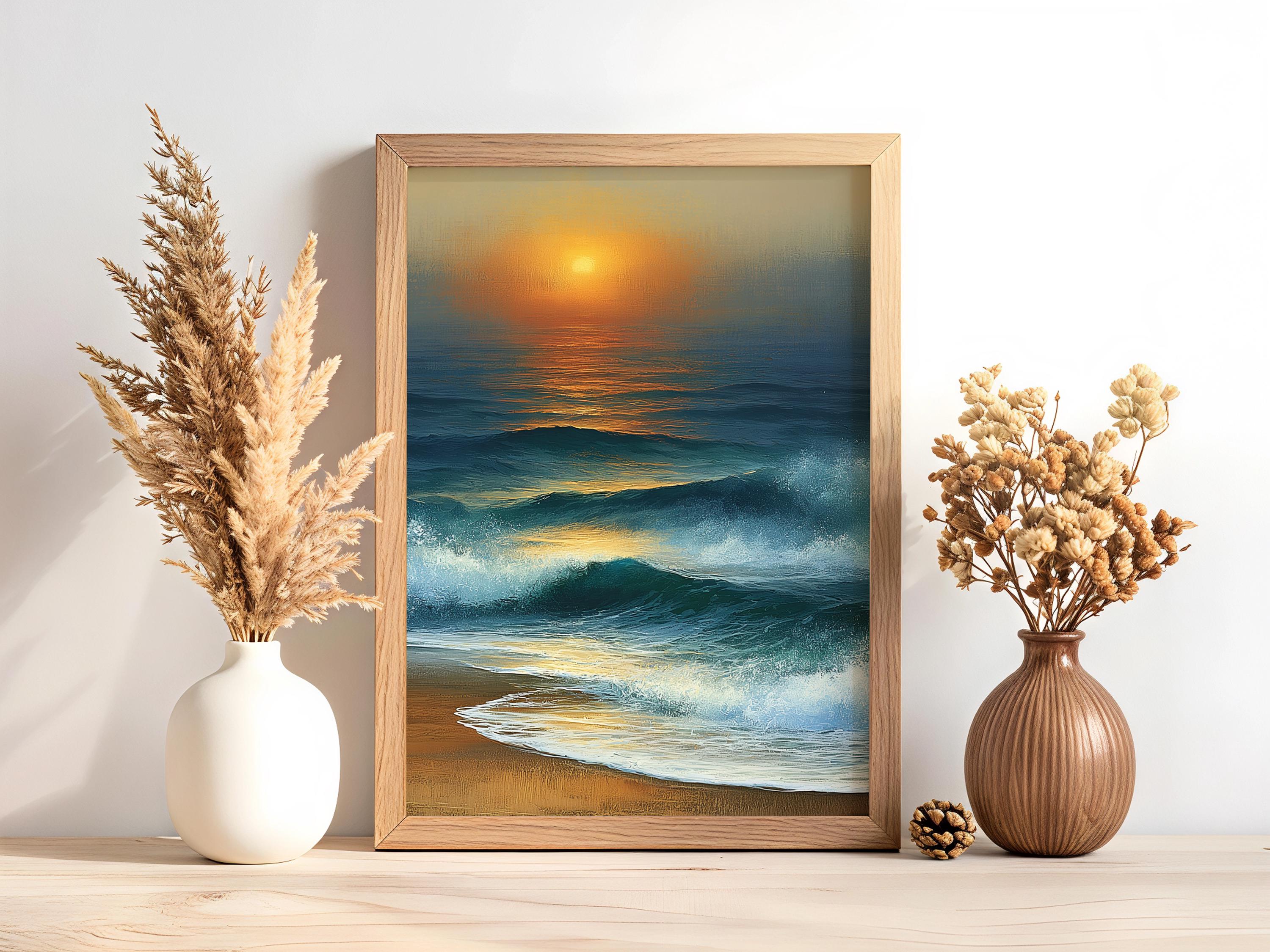 Coastal Sunset Framed Canvas, Ocean Waves Wall Art, Beach Wave Artwork Prints, Serene Coastal Home Decor
