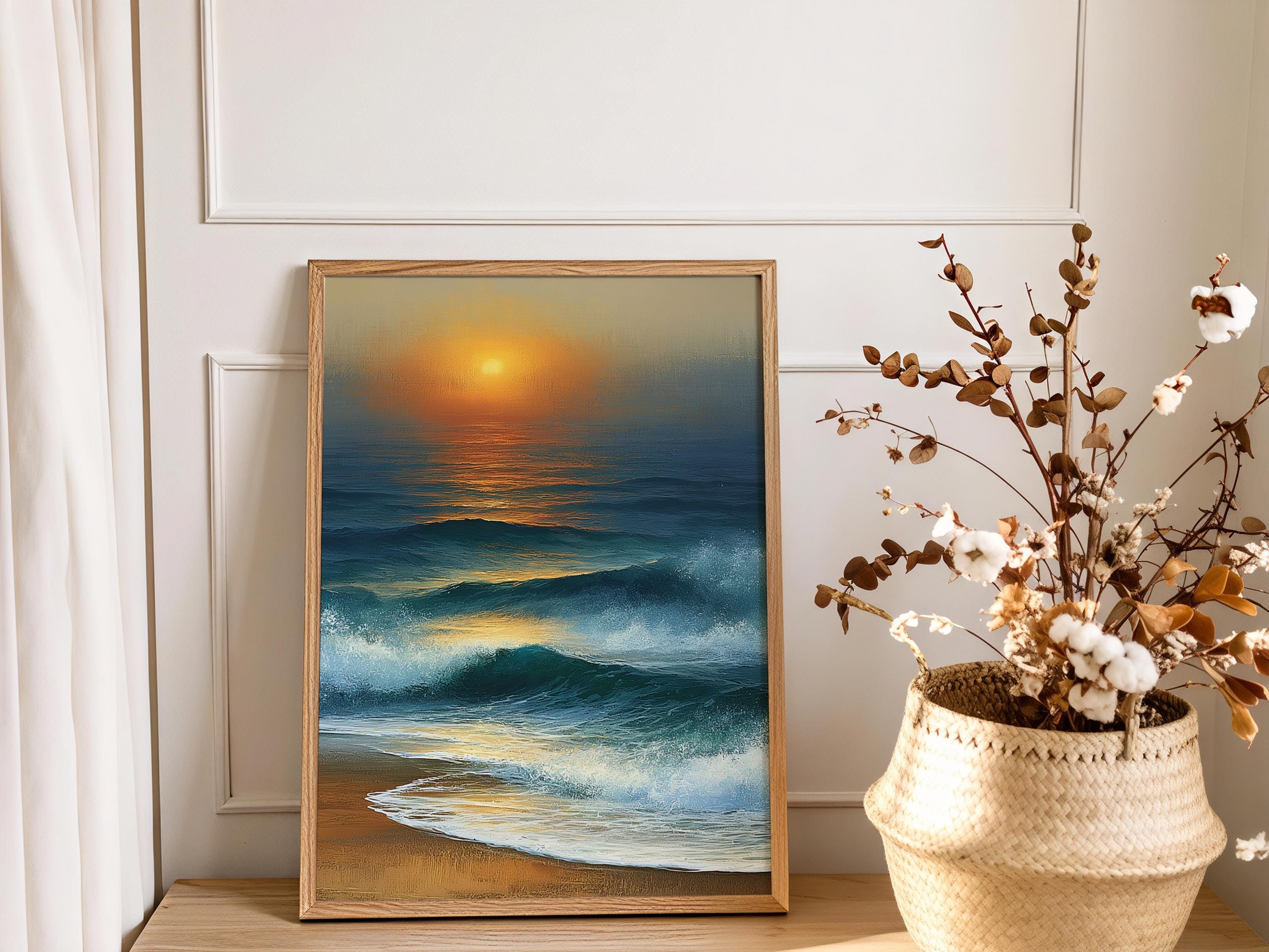 Coastal Sunset Framed Canvas, Ocean Waves Wall Art, Beach Wave Artwork Prints, Serene Coastal Home Decor