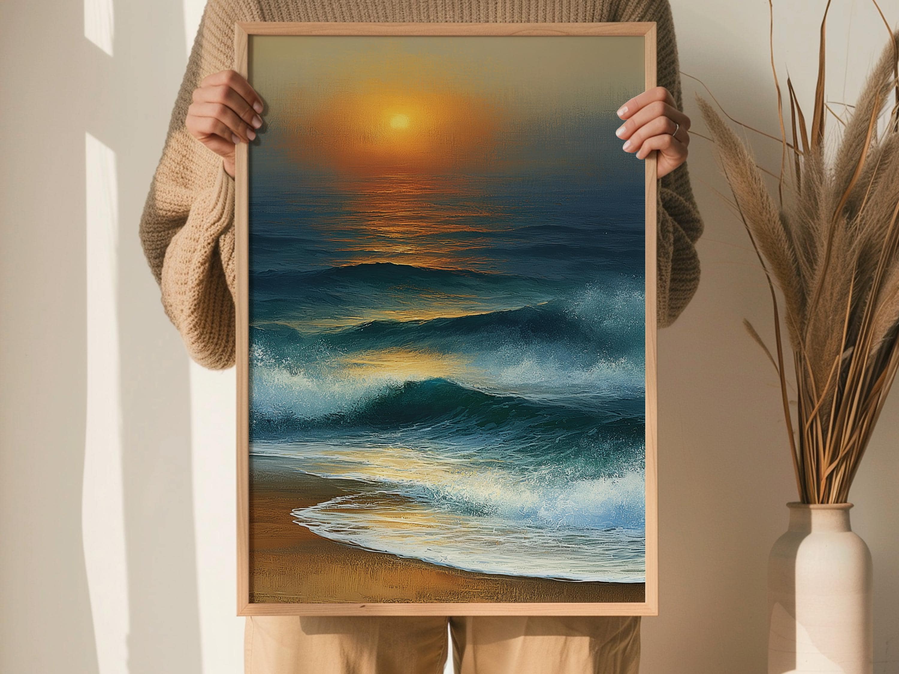 Coastal Sunset Framed Canvas, Ocean Waves Wall Art, Beach Wave Artwork Prints, Serene Coastal Home Decor