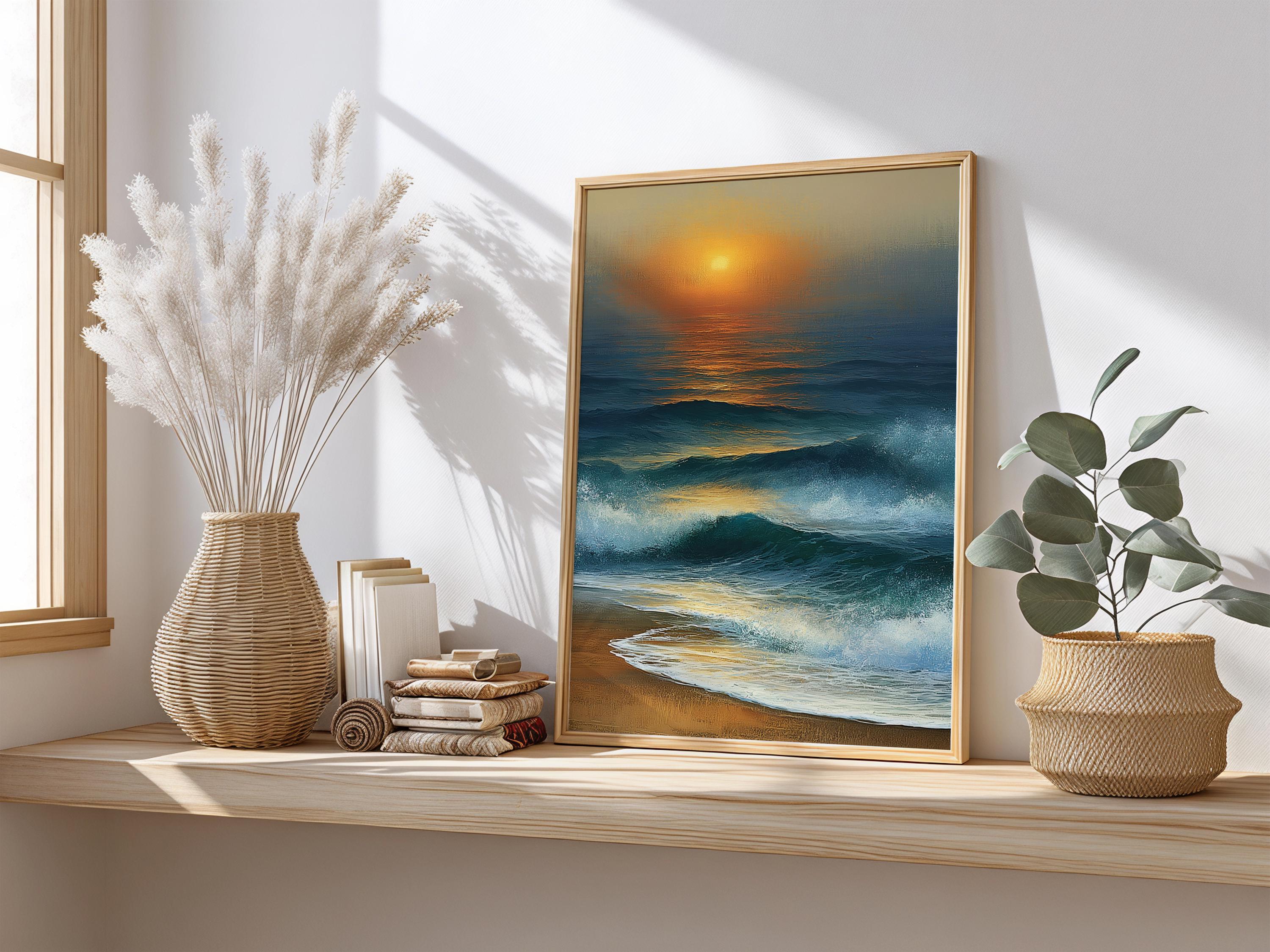 Coastal Sunset Framed Canvas, Ocean Waves Wall Art, Beach Wave Artwork Prints, Serene Coastal Home Decor