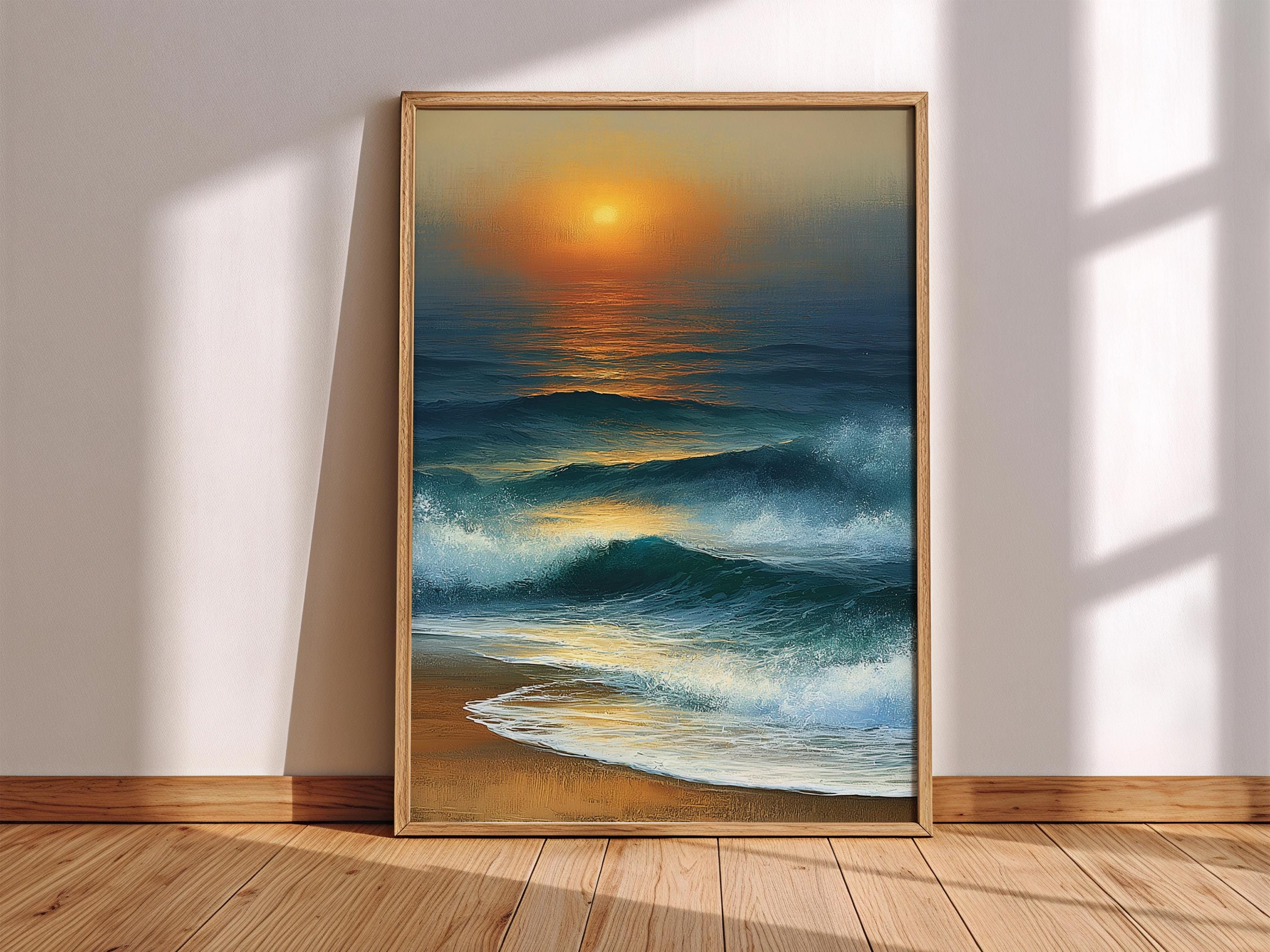Coastal Sunset Framed Canvas, Ocean Waves Wall Art, Beach Wave Artwork Prints, Serene Coastal Home Decor