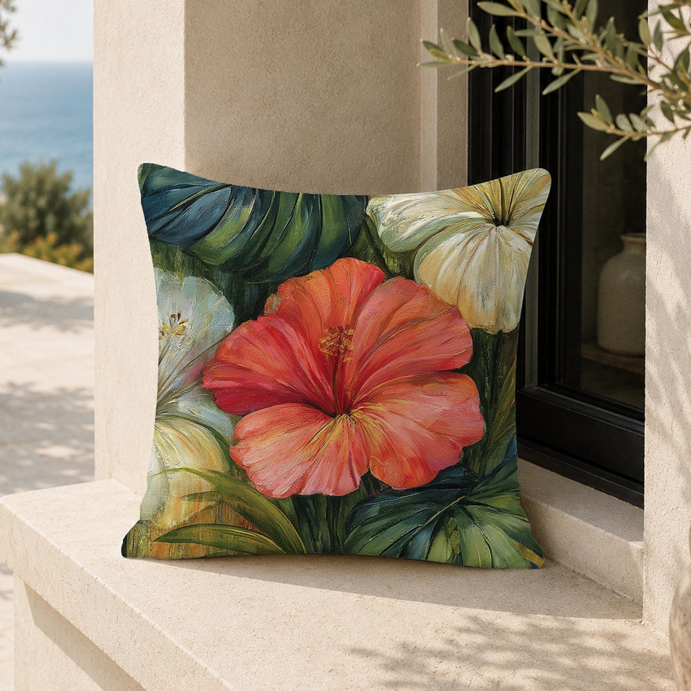 Hibiscus Throw Pillow, Tropical Floral Cushion Cover, Botanical Jungle Pillowcase, Elegant Island Outdoor Pillow, Moody Coastal Decor