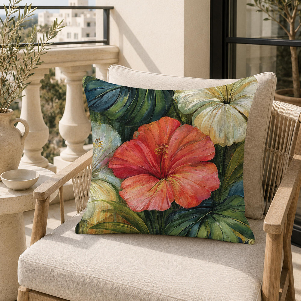 Hibiscus Throw Pillow, Tropical Floral Cushion Cover, Botanical Jungle Pillowcase, Elegant Island Outdoor Pillow, Moody Coastal Decor