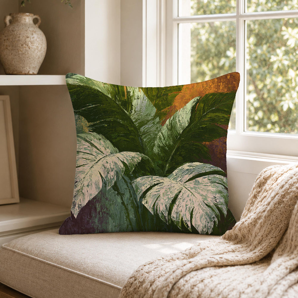 Monstera Botanical Throw Pillow, Tropical Leaf Cushion Cover, Moody Pillowcase, Elegant Jungle Decor, Modern Coastal Outdoor Pillow