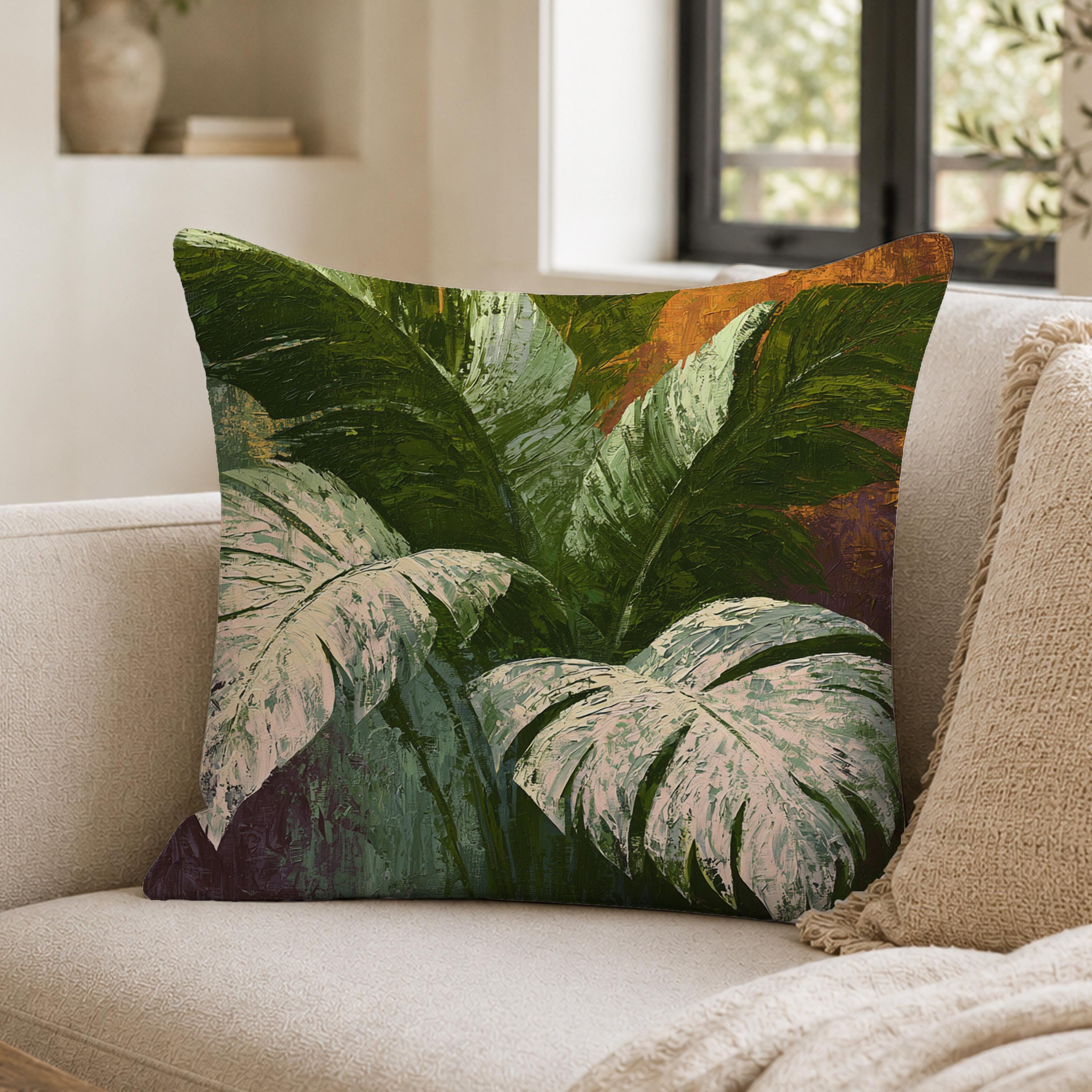 Monstera Botanical Throw Pillow, Tropical Leaf Cushion Cover, Moody Pillowcase, Elegant Jungle Decor, Modern Coastal Outdoor Pillow