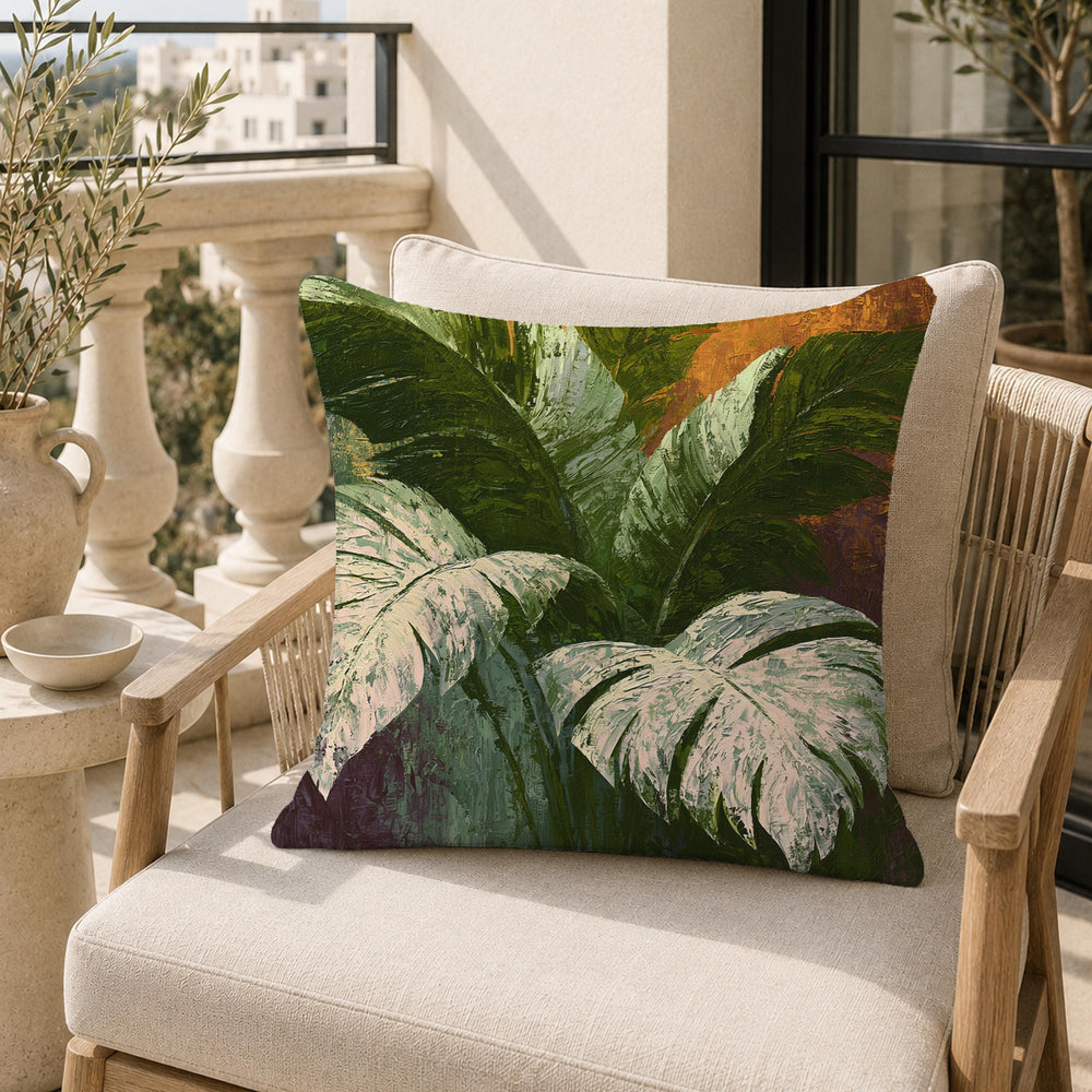 Monstera Botanical Throw Pillow, Tropical Leaf Cushion Cover, Moody Pillowcase, Elegant Jungle Decor, Modern Coastal Outdoor Pillow