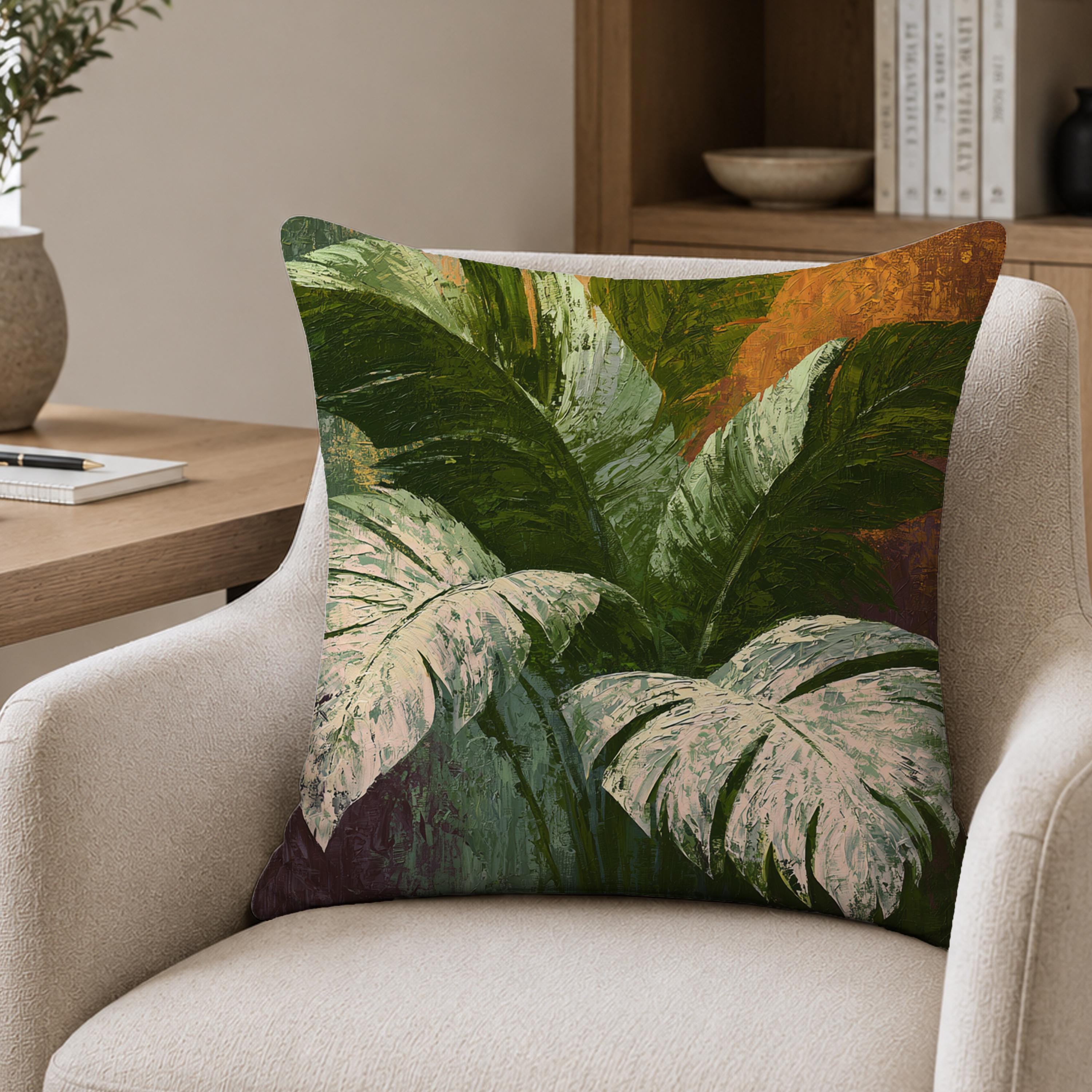 Monstera Botanical Throw Pillow, Tropical Leaf Cushion Cover, Moody Pillowcase, Elegant Jungle Decor, Modern Coastal Outdoor Pillow
